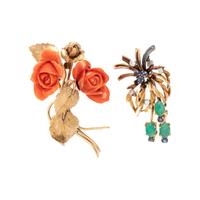 TWO GOLD AND GEMSTONE BROOCHES
