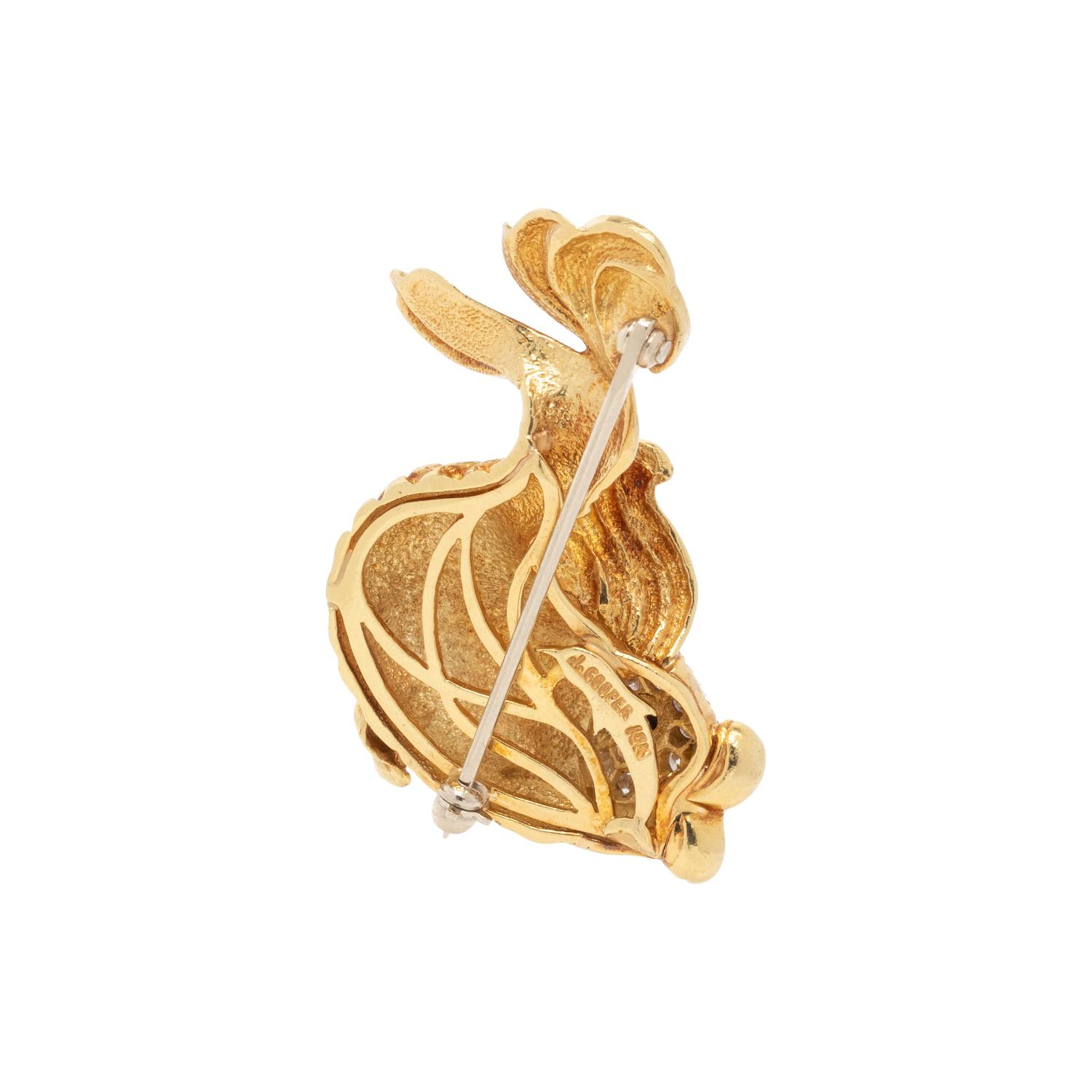 YELLOW GOLD, DIAMOND AND RUBY FISH BROOCH