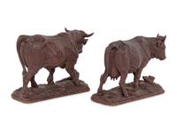 A Pair of Swiss Carved Wood Models of Cattle
