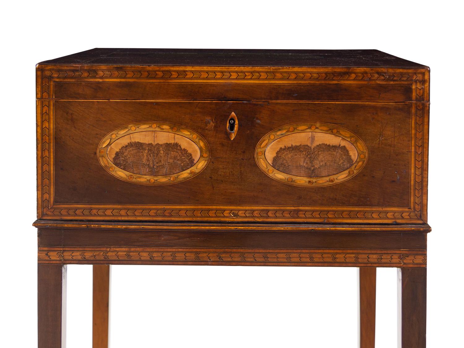 A George III Inlaid and Figured Mahogany Work Box on Stand