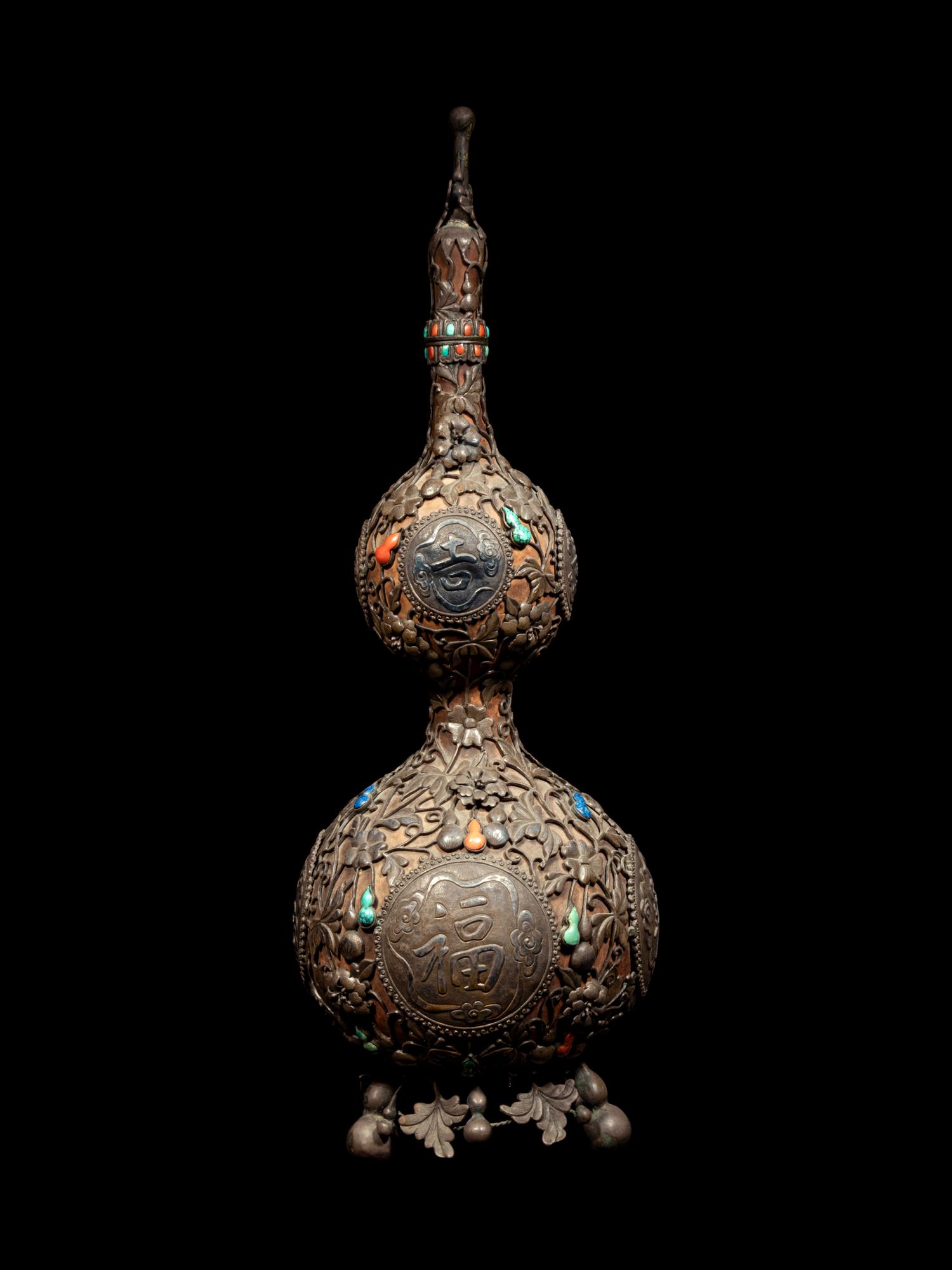 A Chinese Hardstone Inset Metal Mounted Double Gourd Vase and Cover