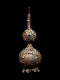 A Chinese Hardstone Inset Metal Mounted Double Gourd Vase and Cover