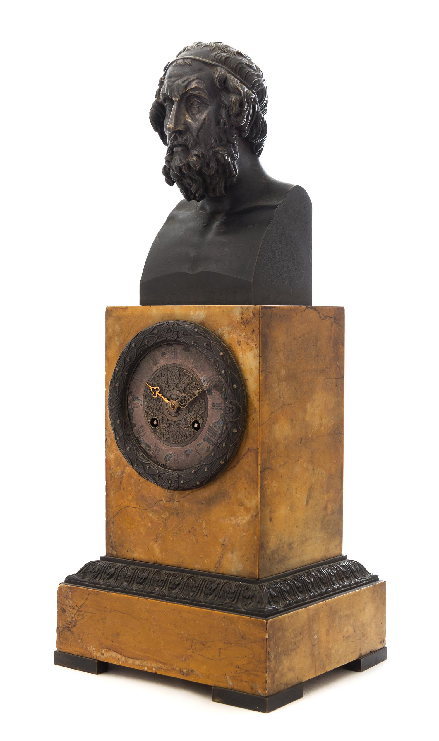 A Continental Bronze and Marble Mantel Clock Height 19 1/2 inches. — 19TH CENTURY
