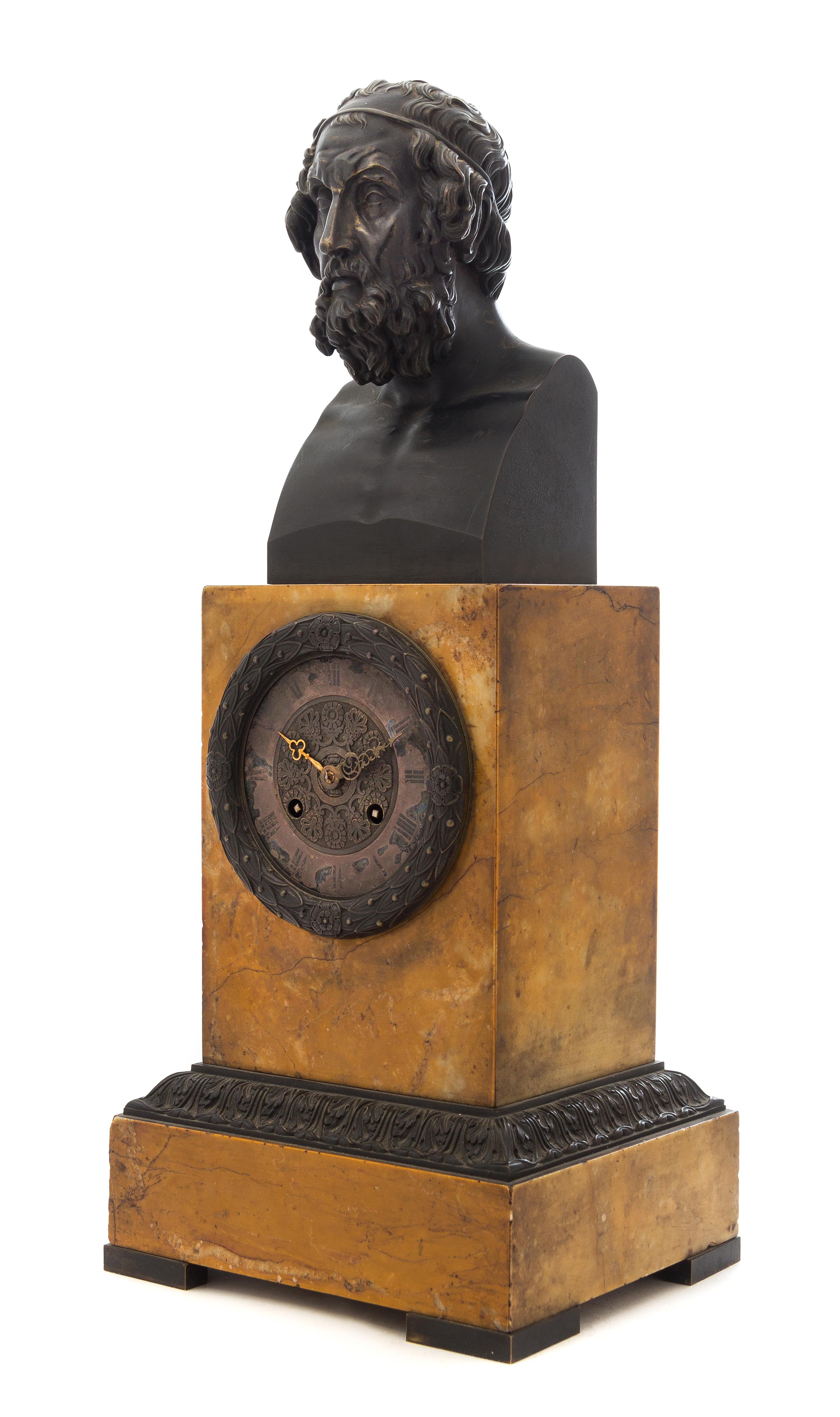 A Continental Bronze and Marble Mantel Clock Height 19 1/2 inches. — 19TH CENTURY