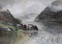 Stuart L. Forbes, (British, 19/20th century), Highland Cattle Drinking