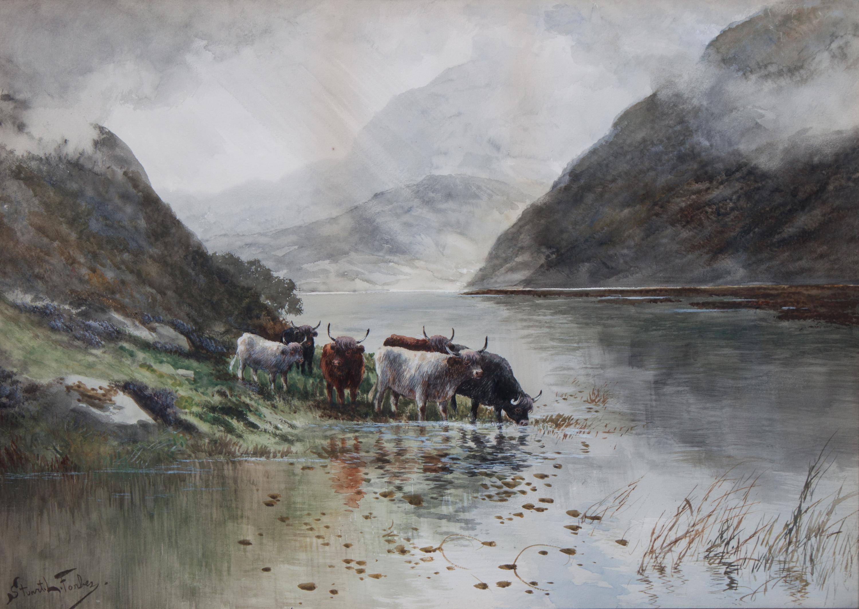 Stuart L. Forbes, (British, 19/20th century), Highland Cattle Drinking