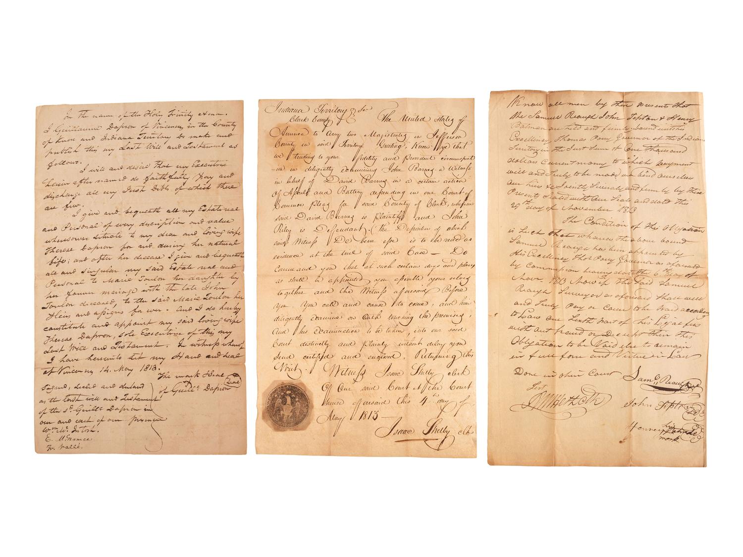[INDIANA TERRITORY] -- [WAR OF 1812]. A group of documents from the Indiana Territory, including: