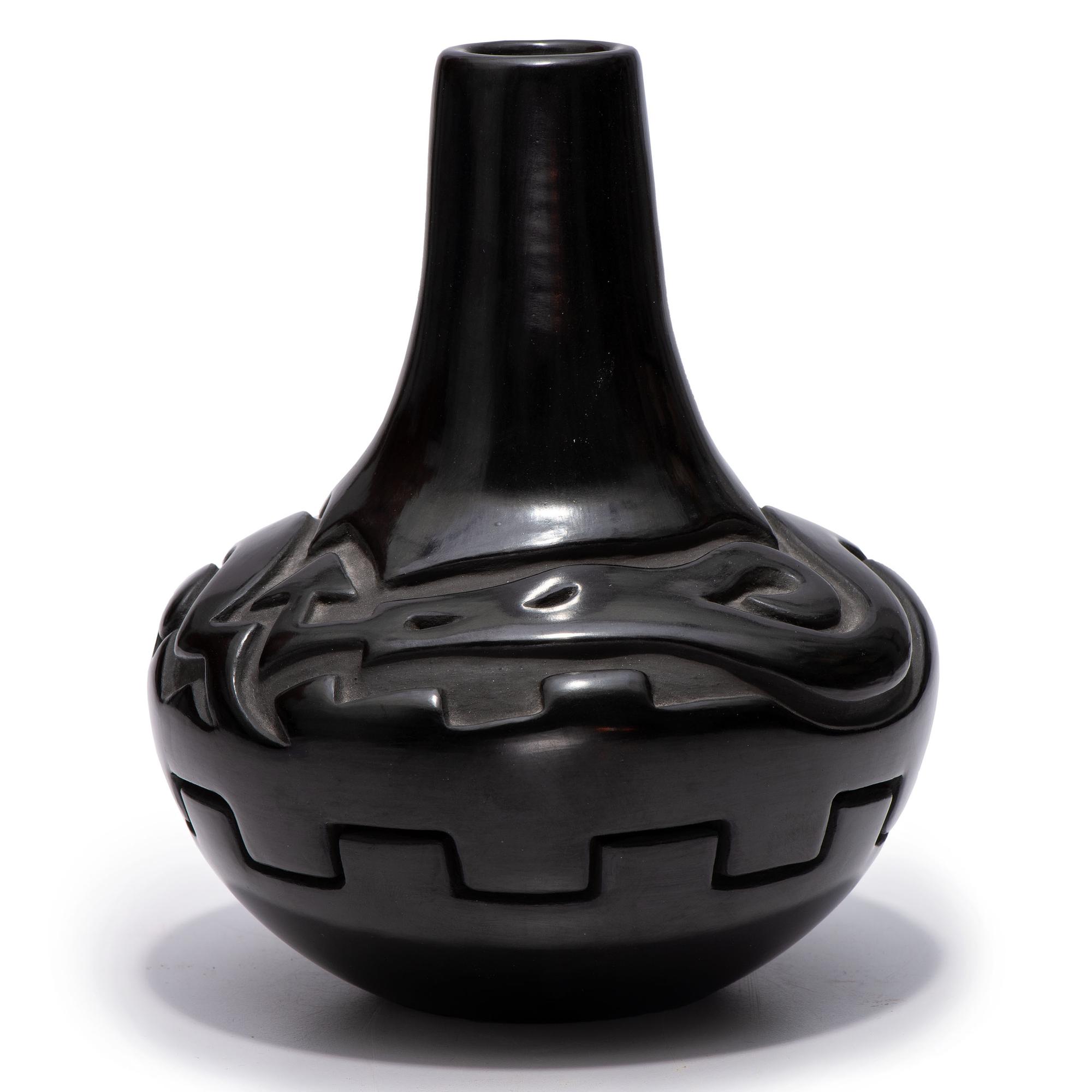 Deeply Carved Blackware Vase, with Avanyu AND Carved Blackware Jar