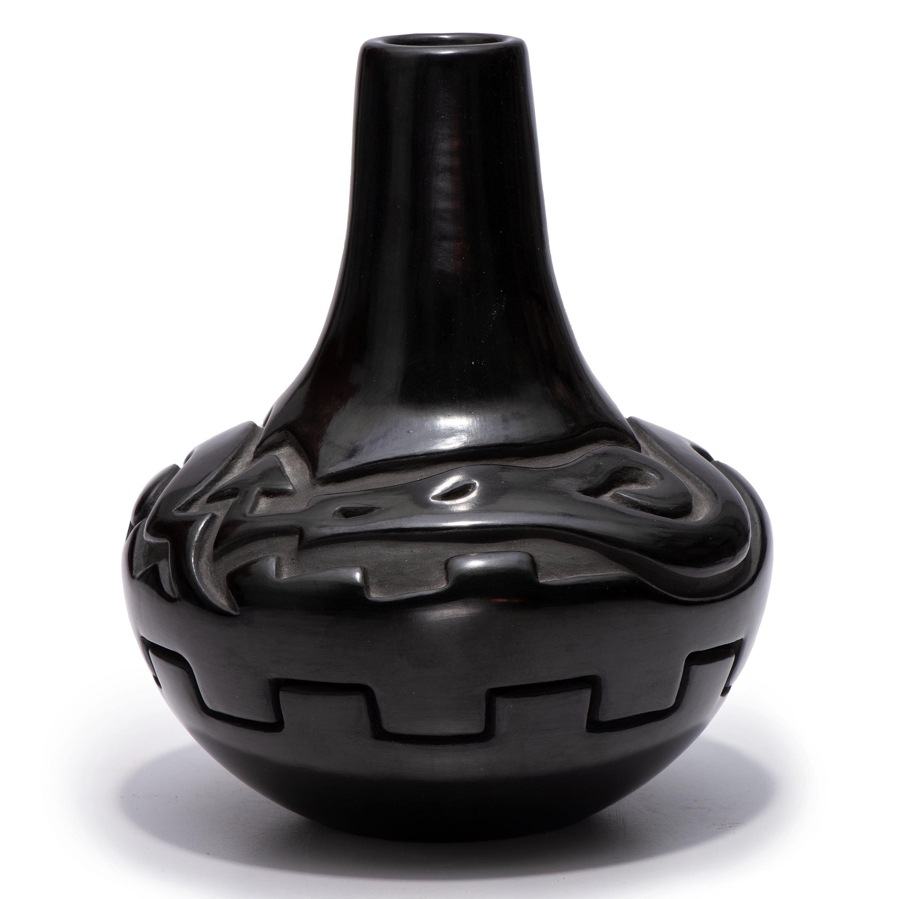 Deeply Carved Blackware Vase, with Avanyu AND Carved Blackware Jar