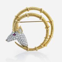 An 18K gold, platinum, diamond, and ruby brooch, Tiffany & Co. Schlumberger, "Ibex"