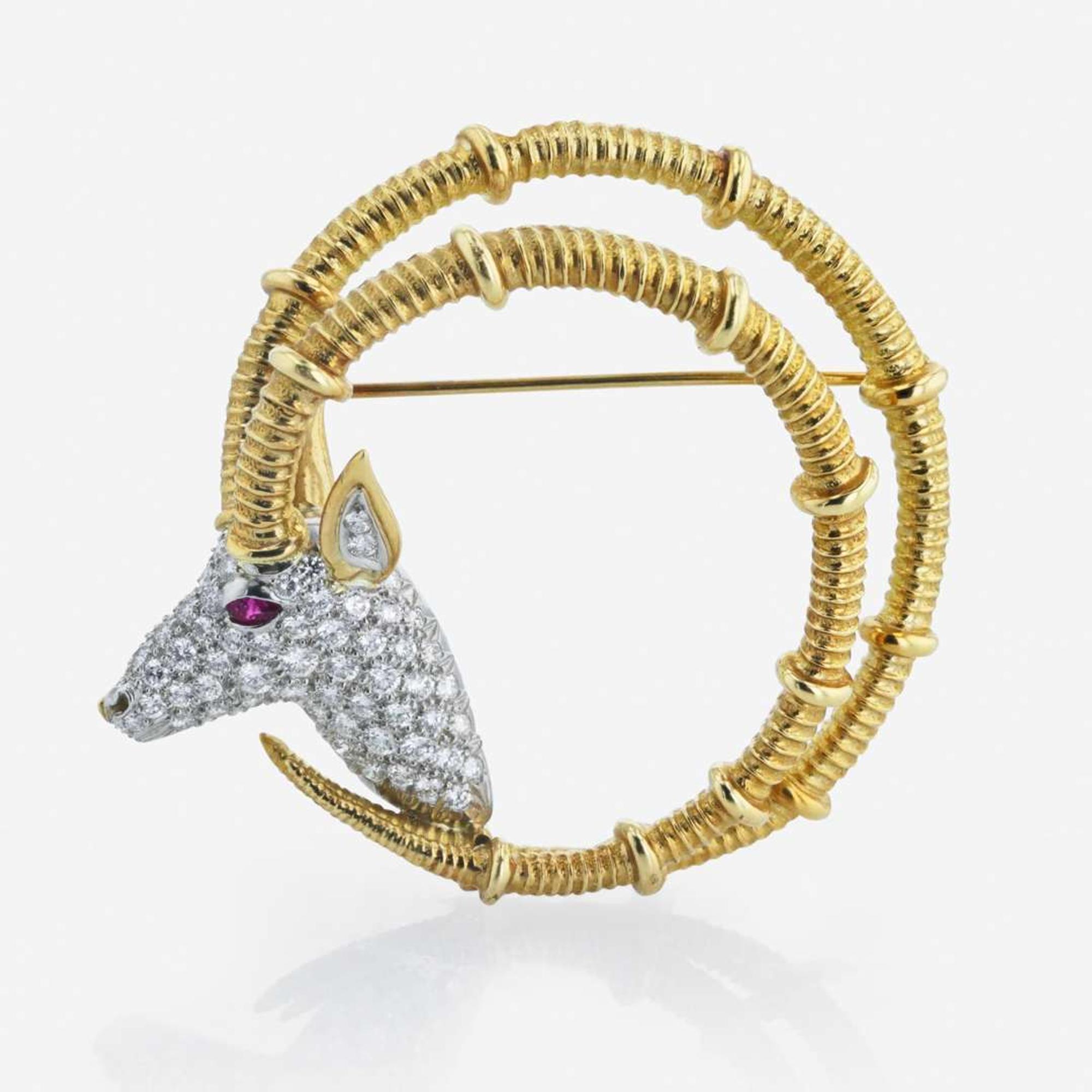 An 18K gold, platinum, diamond, and ruby brooch, Tiffany & Co. Schlumberger, "Ibex"