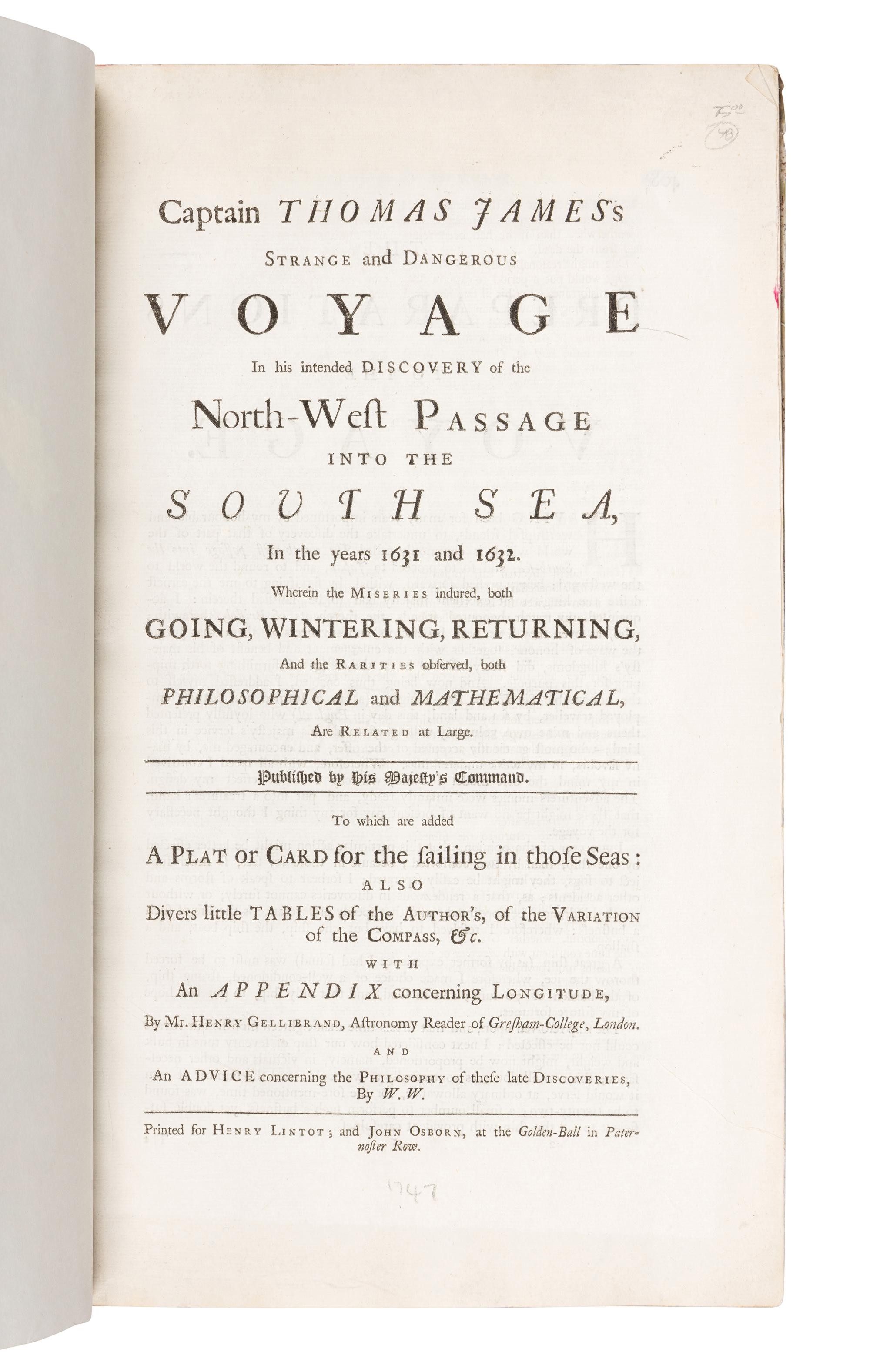 GATONBE, John. "A Voyage into the North-West Passage. Undertaken Anno 1612." Extracted from: CHURCHILL. A Collection of Voyages and Travels , Vol. VI, pp. 241-256. [London, ca 1732?].