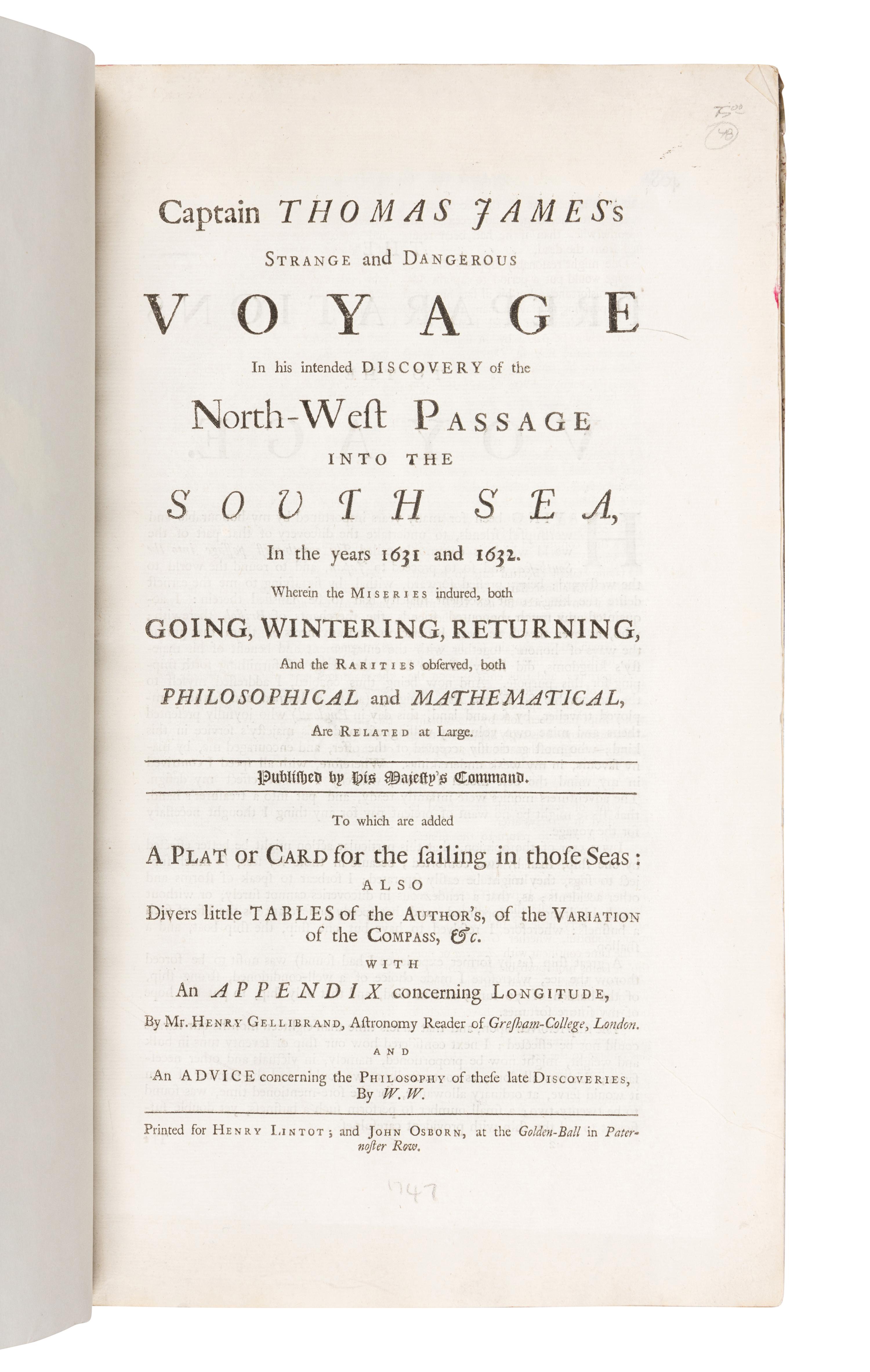 GATONBE, John. "A Voyage into the North-West Passage. Undertaken Anno 1612." Extracted from: CHURCHILL. A Collection of Voyages and Travels , Vol. VI, pp. 241-256. [London, ca 1732?].