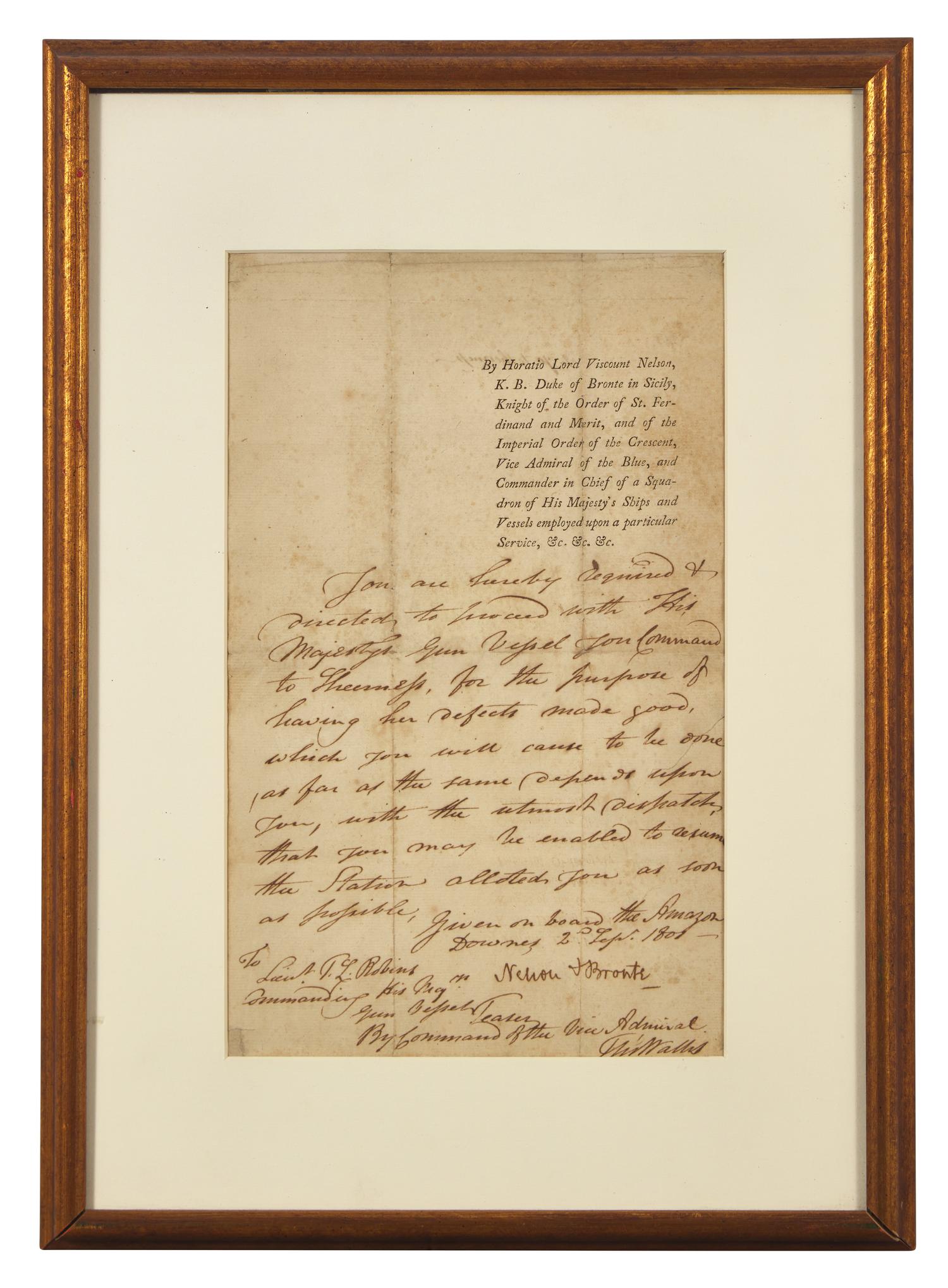 [British Isles] Nelson, Horatio. Manuscript Document, signed