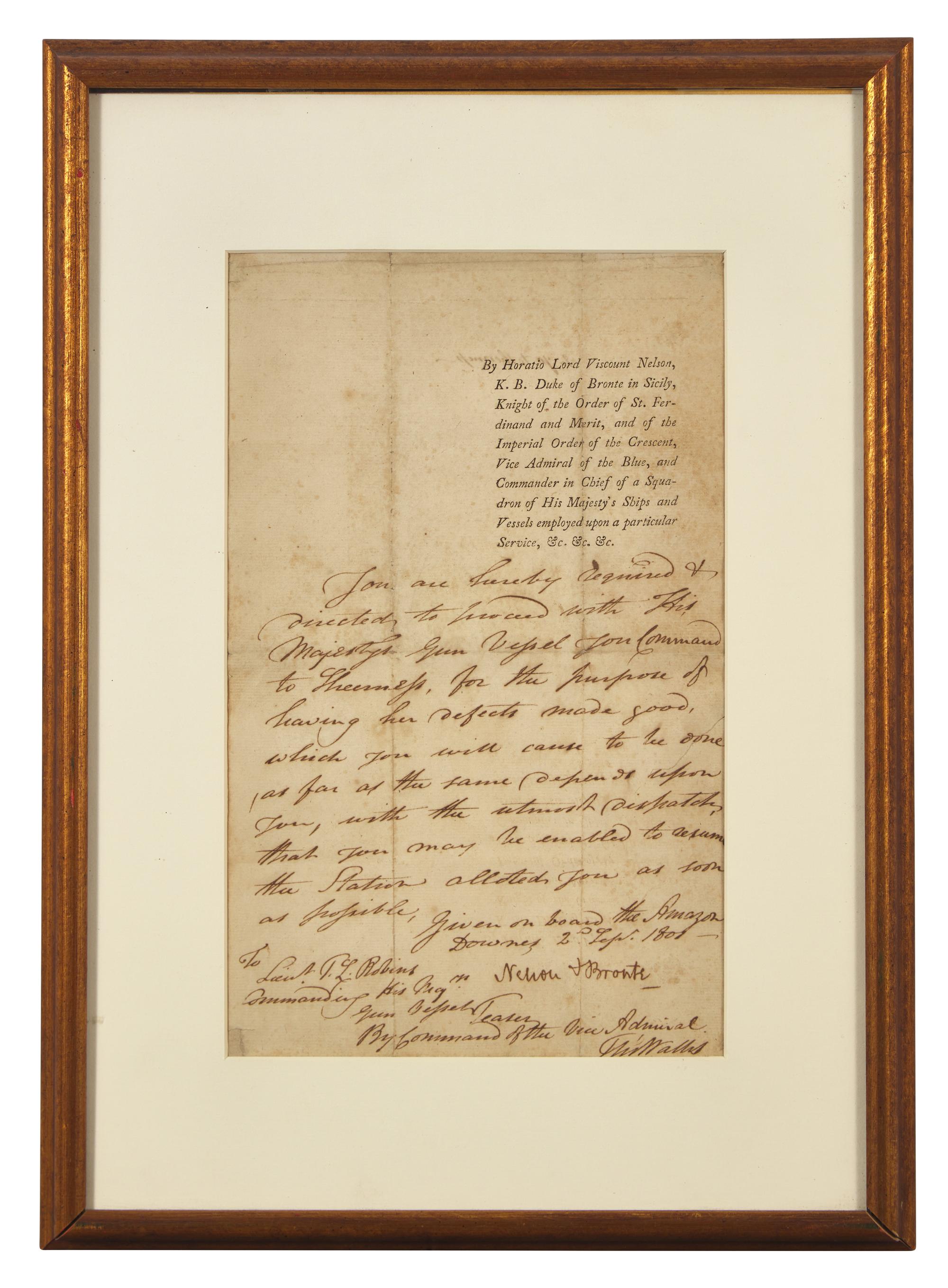 [British Isles] Nelson, Horatio. Manuscript Document, signed