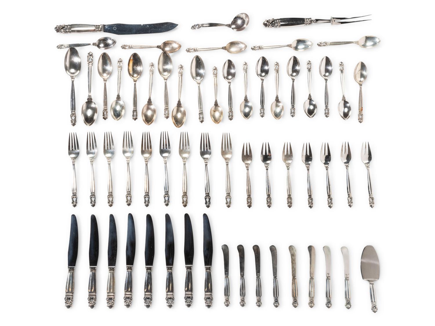 A Georg Jensen Acorn Silver Flatware Service
