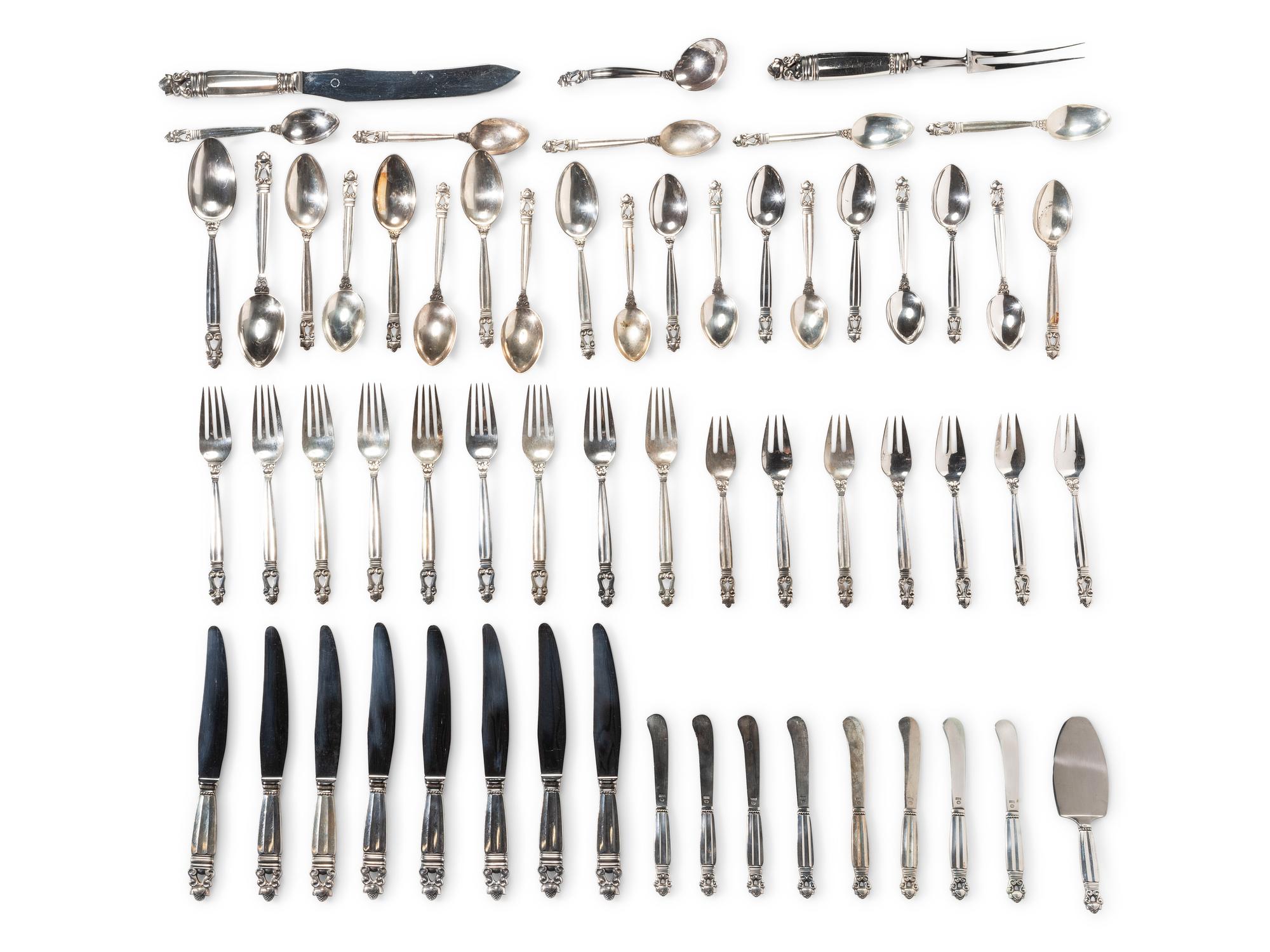 A Georg Jensen Acorn Silver Flatware Service