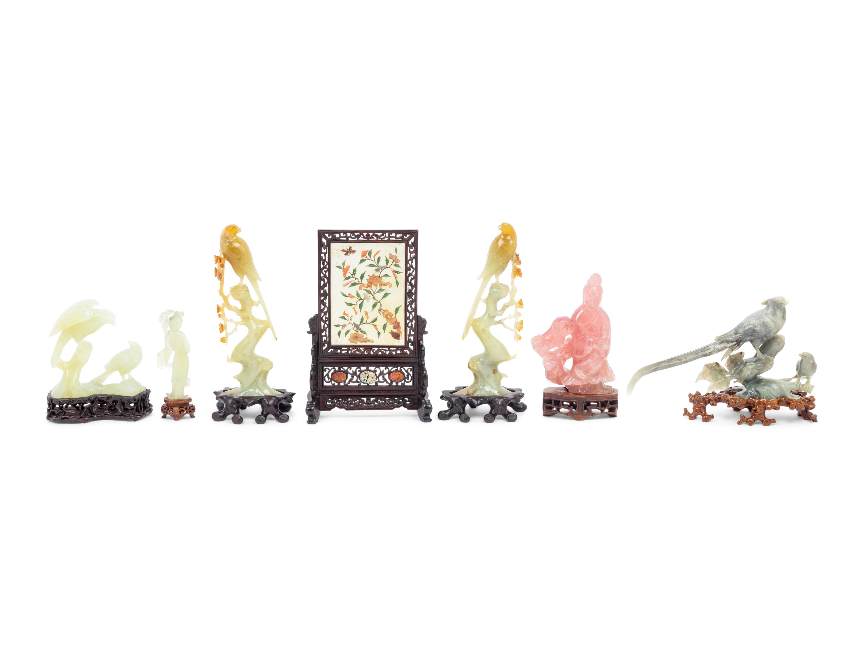 Six Chinese Hardstone Carvings and A Hardstone Embellished Table Screen