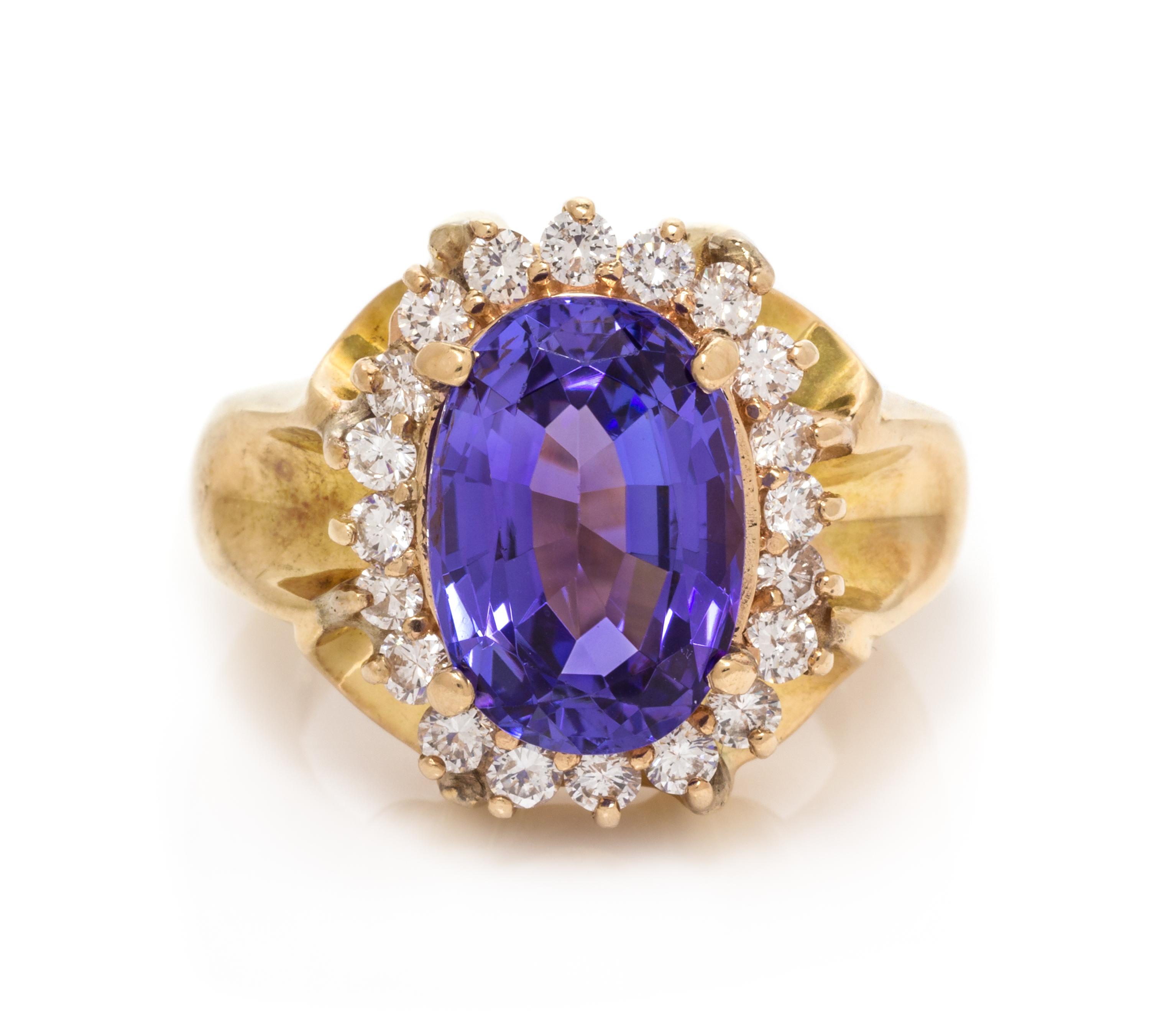 A Yellow Gold, Tanzanite and Diamond Ring, 14.85 dwts.