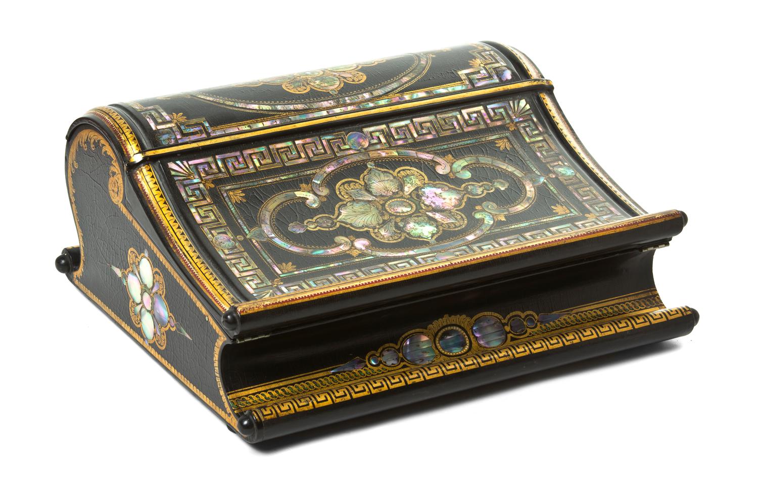 An English Lacquered and Mother-of-Pearl Inset Lap Desk, Width 15 inches.