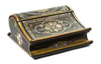 An English Lacquered and Mother-of-Pearl Inset Lap Desk, Width 15 inches.