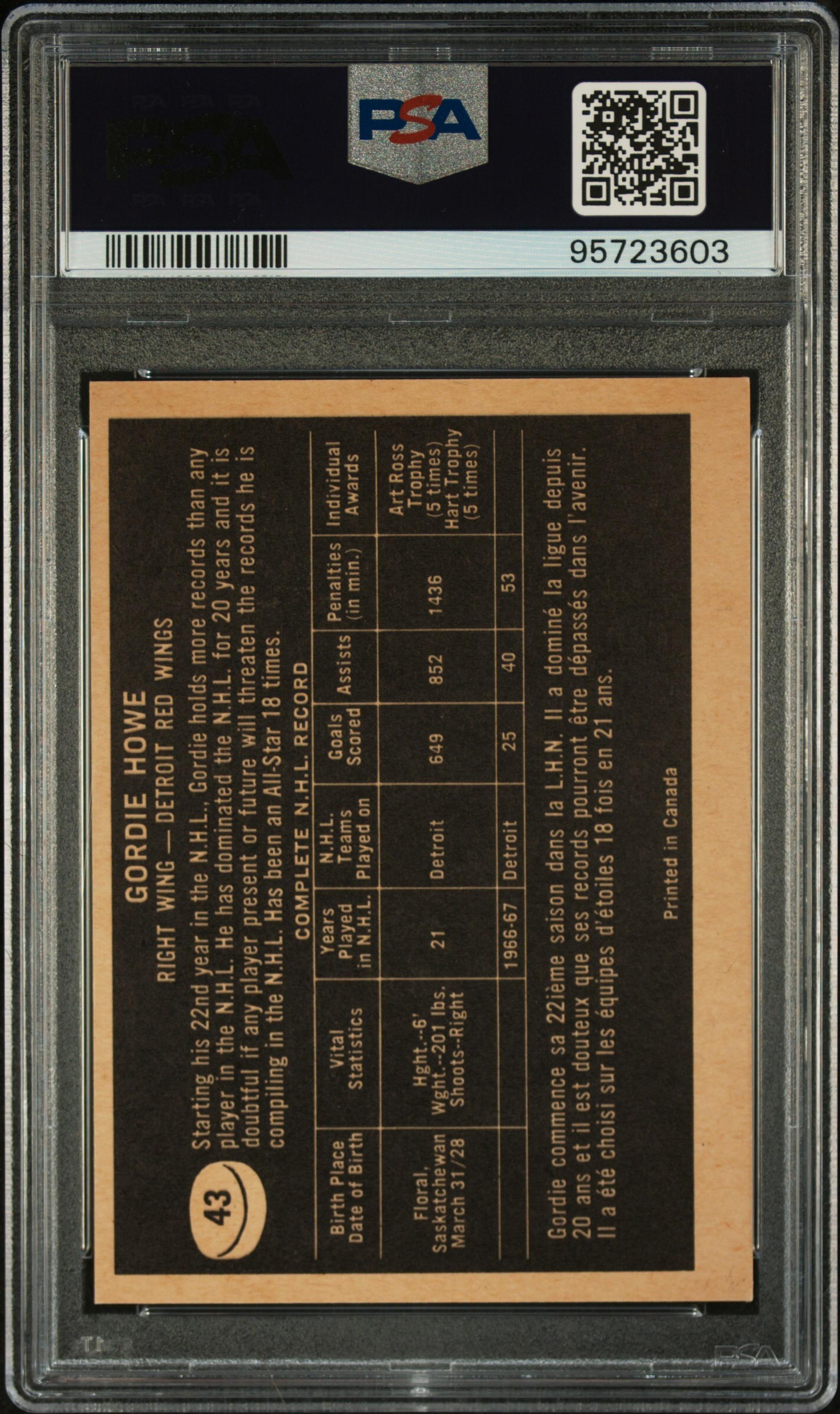 A 1967 Topps Gordie Howe Hockey Card No. 43 (PSA 8 NM-MT)