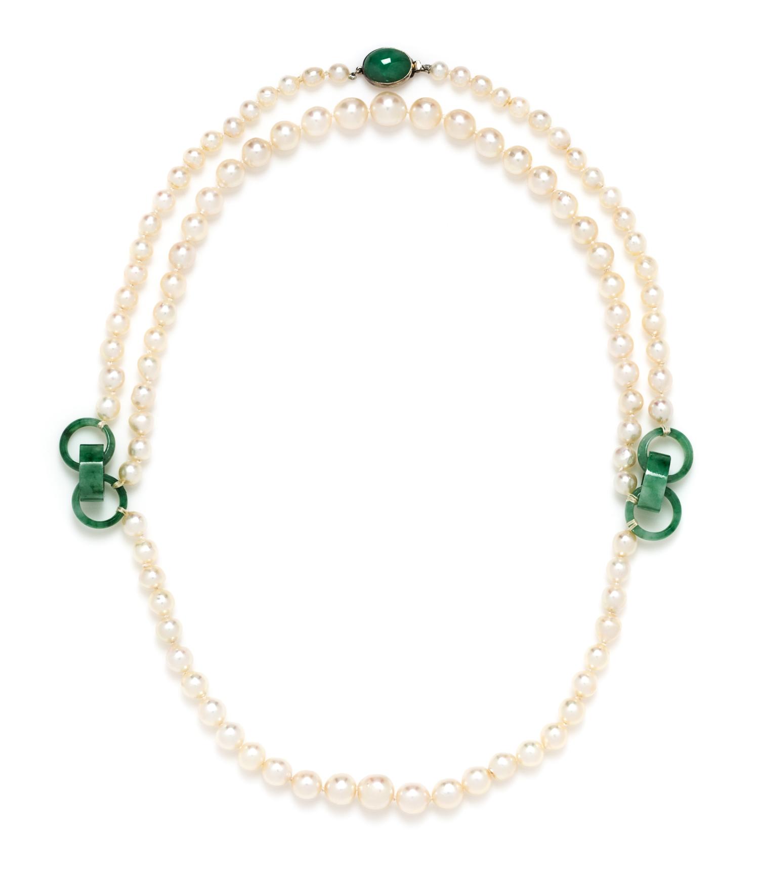 A White Gold, Jadeite Jade and Cultured Pearl Swag Necklace,