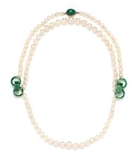 A White Gold, Jadeite Jade and Cultured Pearl Swag Necklace,
