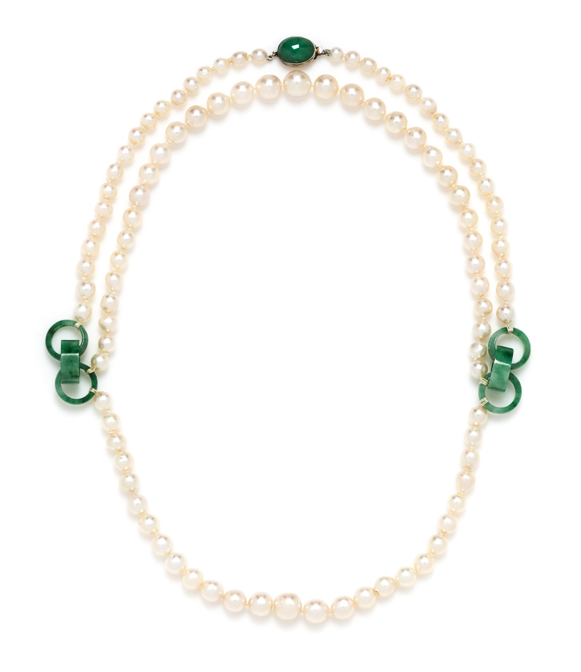 A White Gold, Jadeite Jade and Cultured Pearl Swag Necklace,