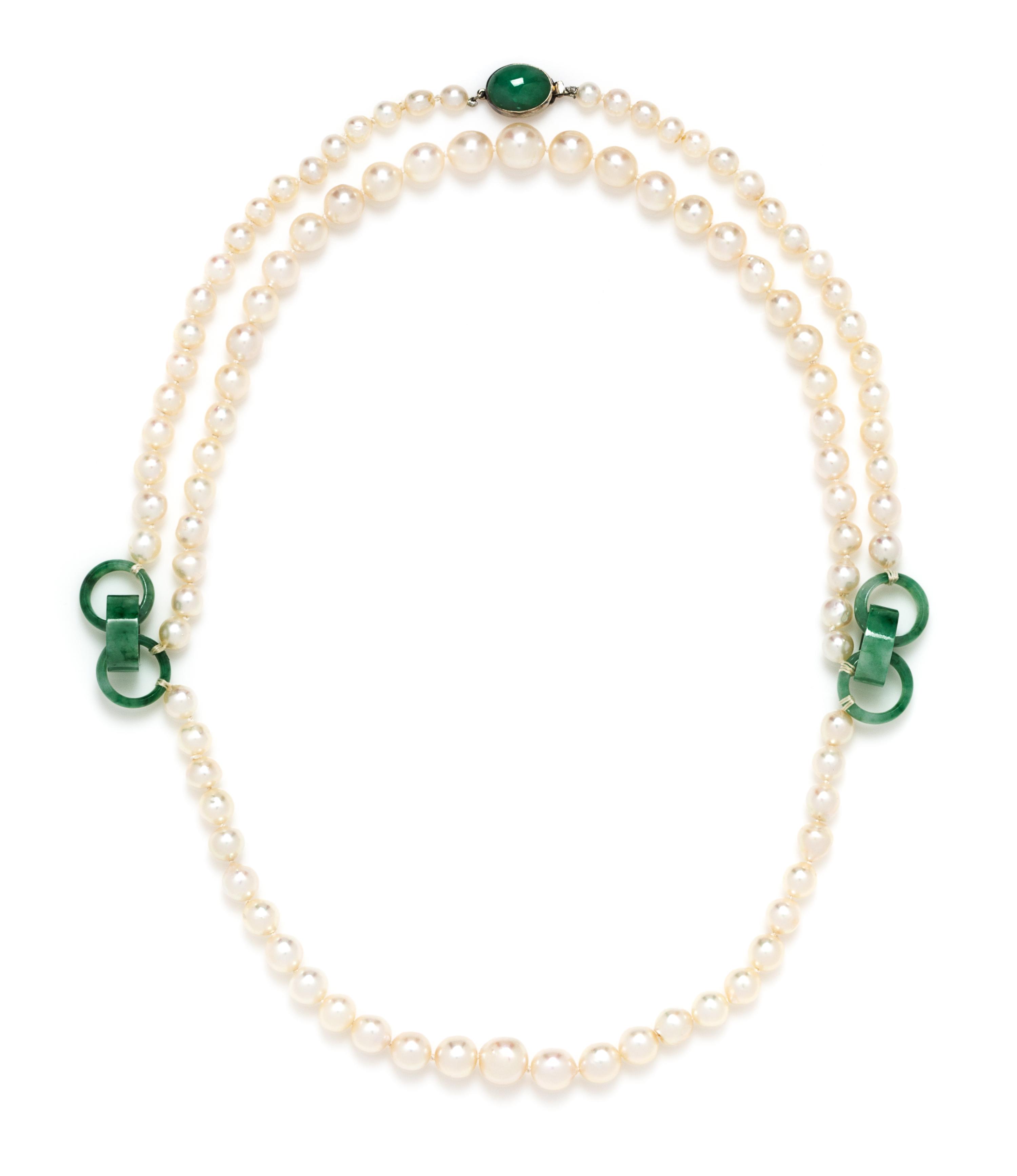 A White Gold, Jadeite Jade and Cultured Pearl Swag Necklace,