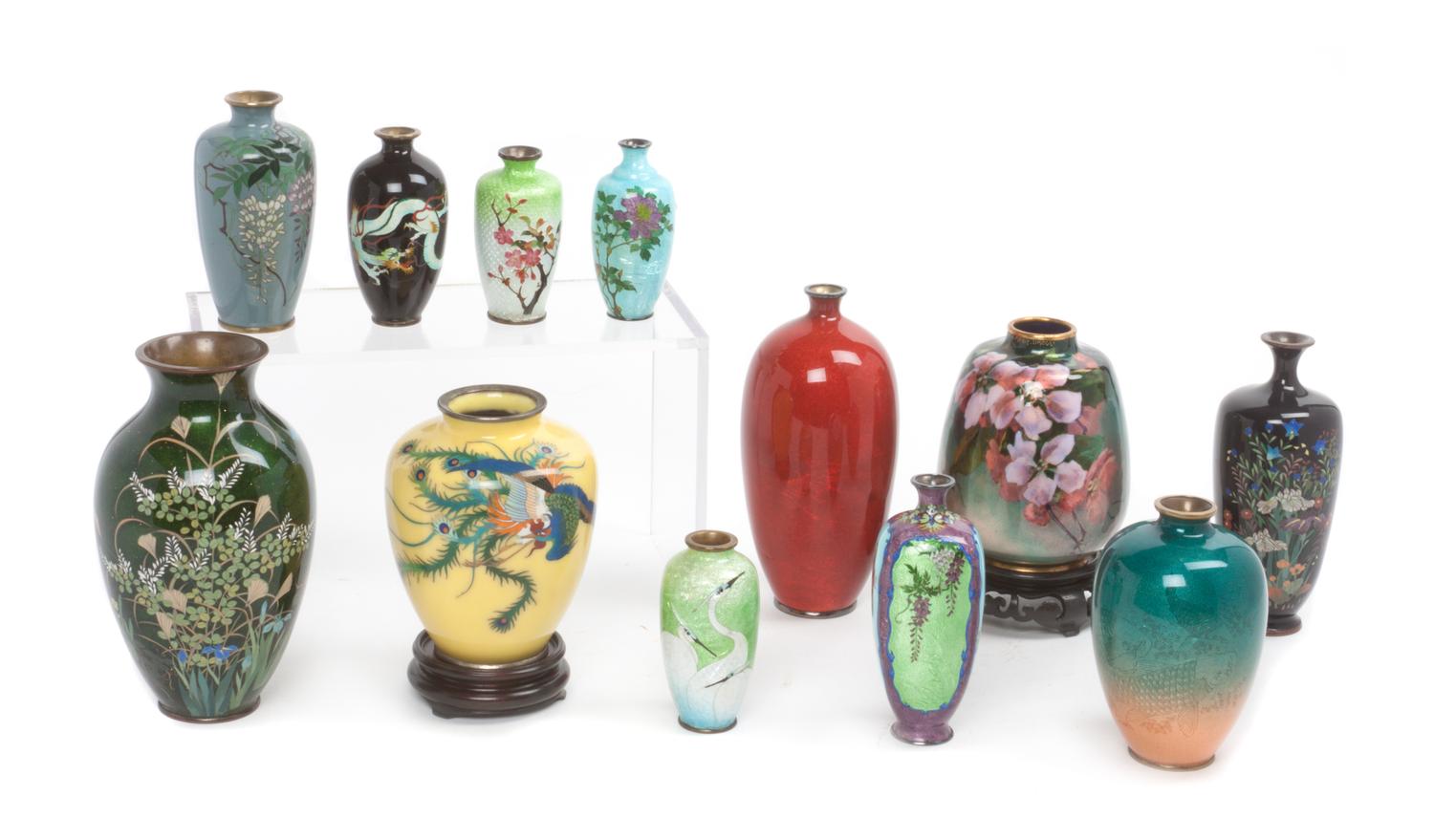 Twelve Japanese Cloisonne Enamel Vases Height of tallest 8 inches.