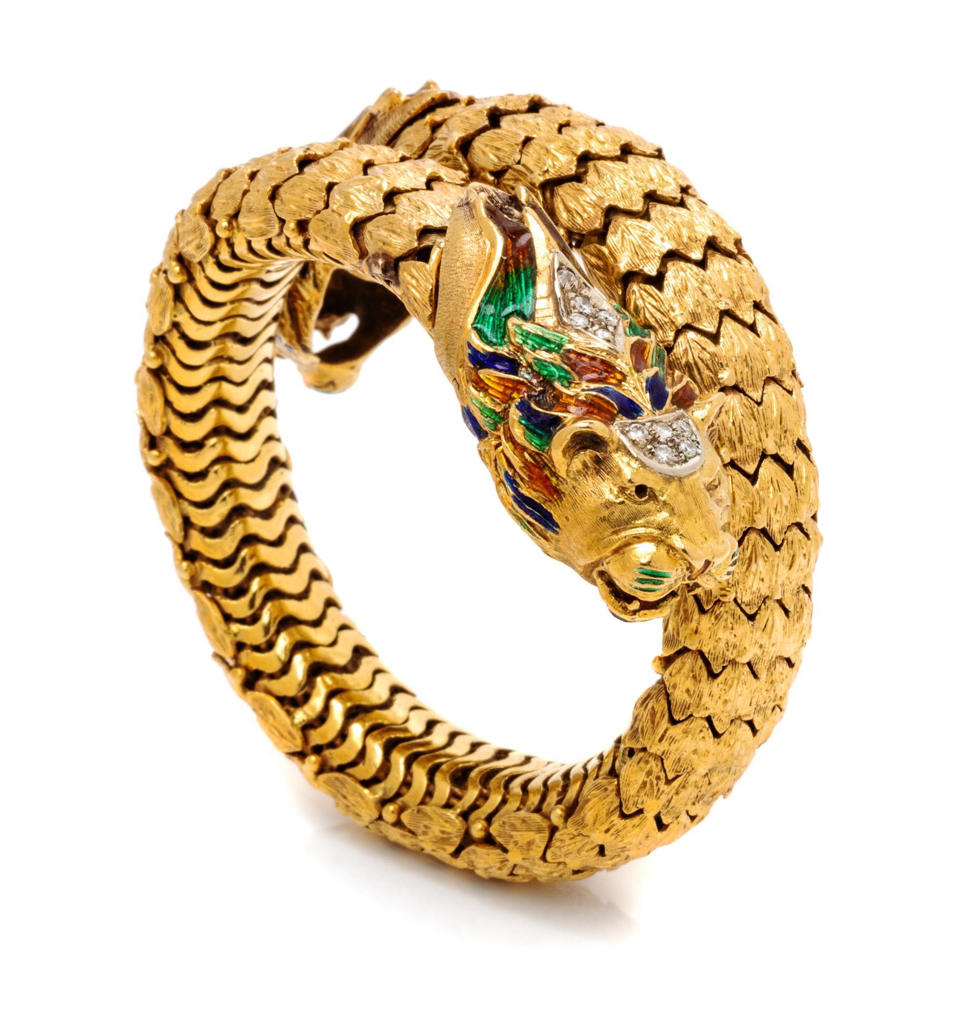 An 18 Karat Yellow Gold, Diamond and Polychrome Enamel Lion Motif Flexible Cuff Bracelet, 69.75 dwts.