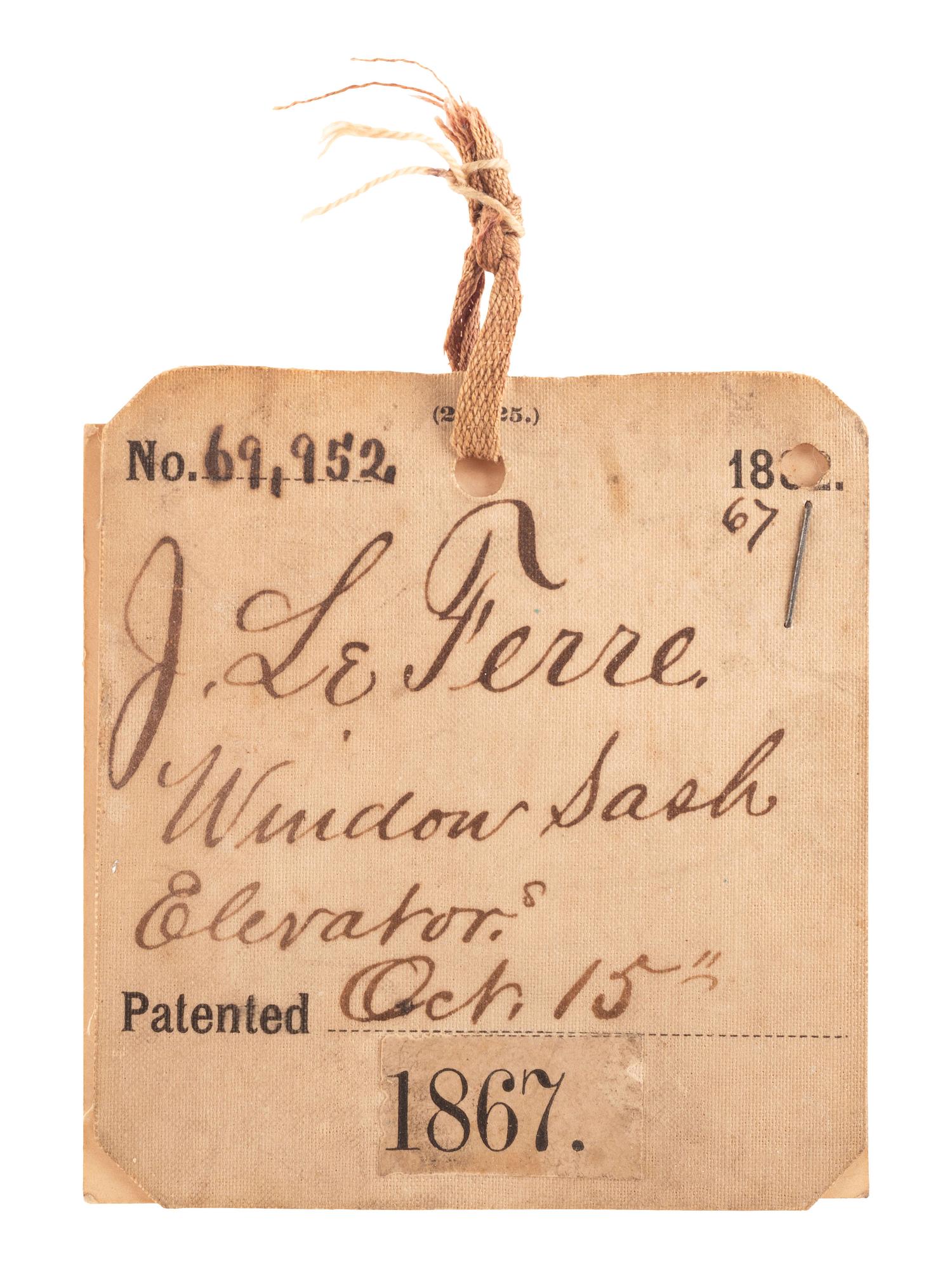 [SCIENCE & TECHNOLOGY]. J. LeFerre patent model for a "Window Sash Elevator" or Sash Balance with original tag, 1867.