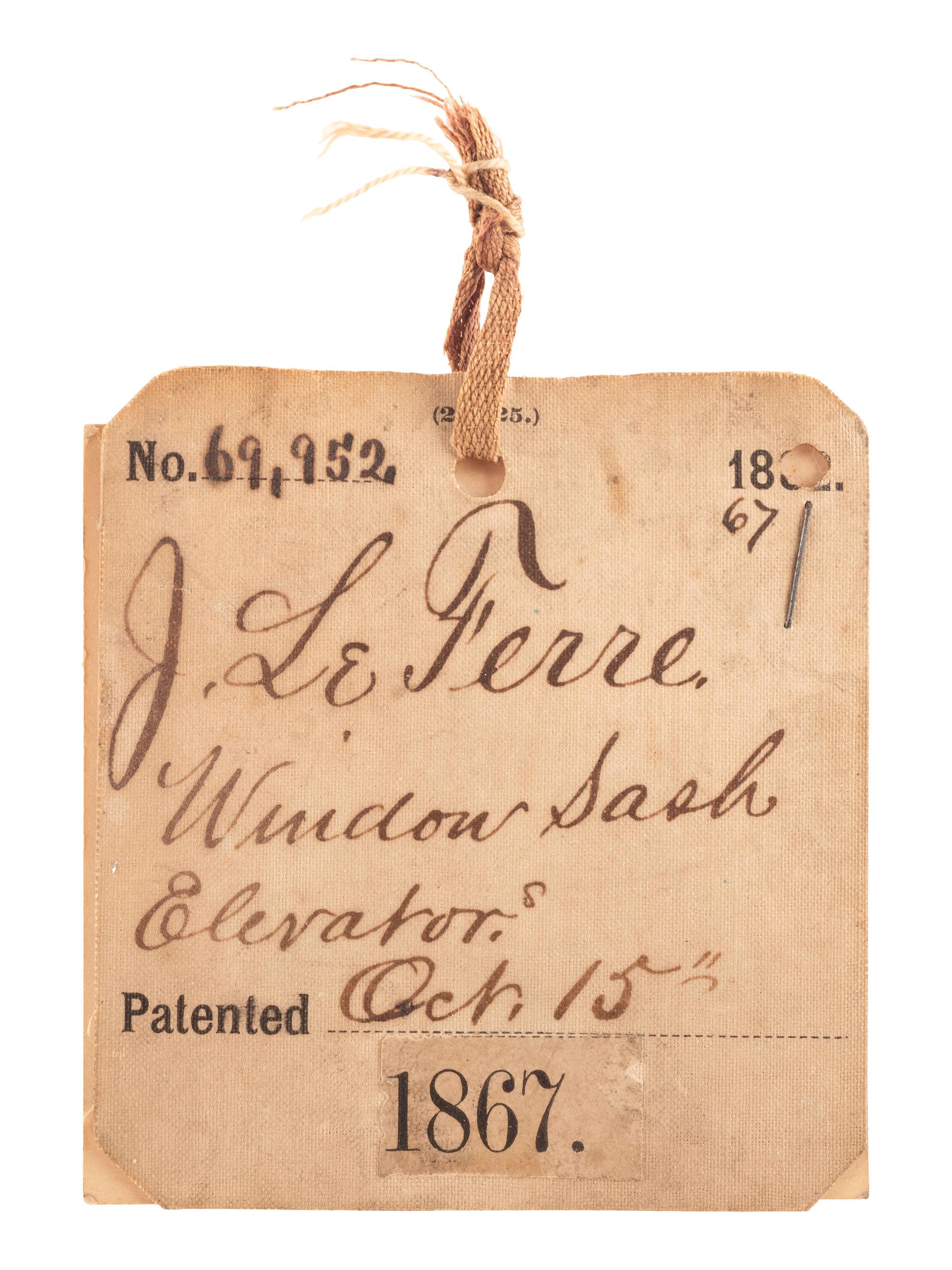 [SCIENCE & TECHNOLOGY]. J. LeFerre patent model for a "Window Sash Elevator" or Sash Balance with original tag, 1867.