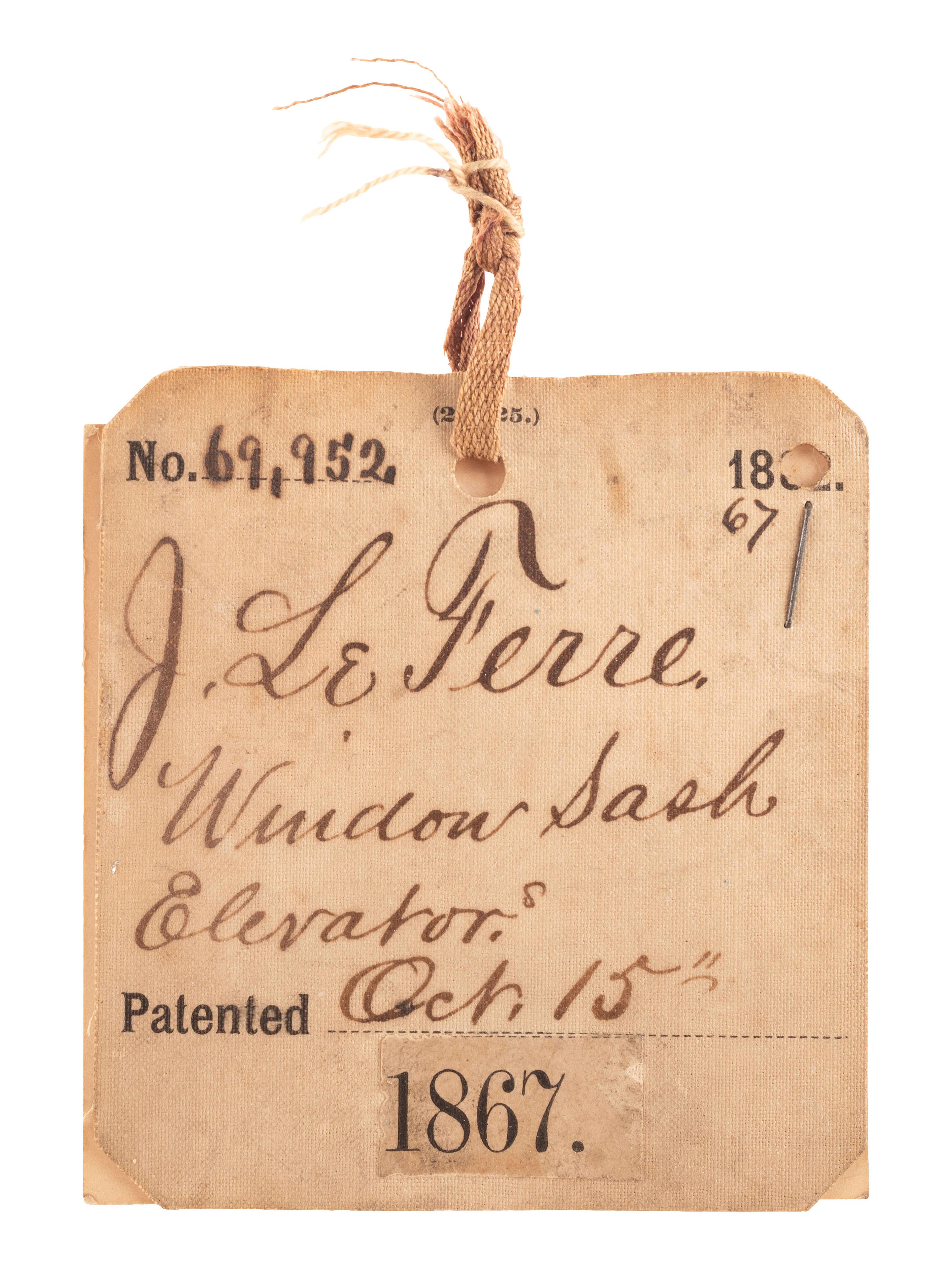 [SCIENCE & TECHNOLOGY]. J. LeFerre patent model for a "Window Sash Elevator" or Sash Balance with original tag, 1867.