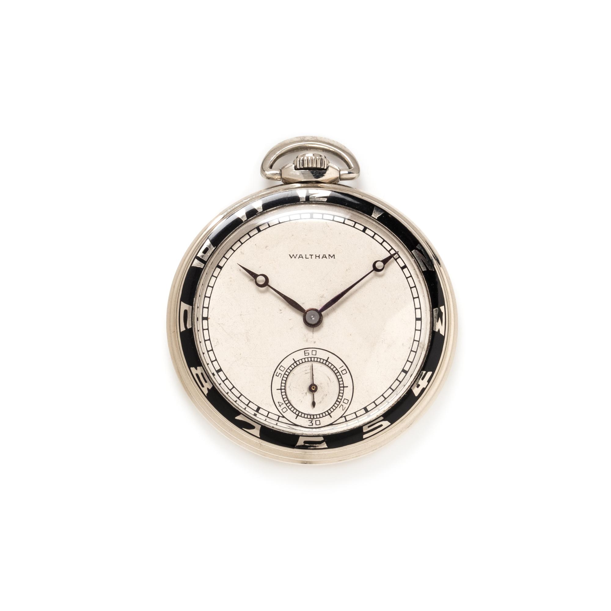 WALTHAM, ART DECO, 14K WHITE GOLD OPEN FACE POCKET WATCH