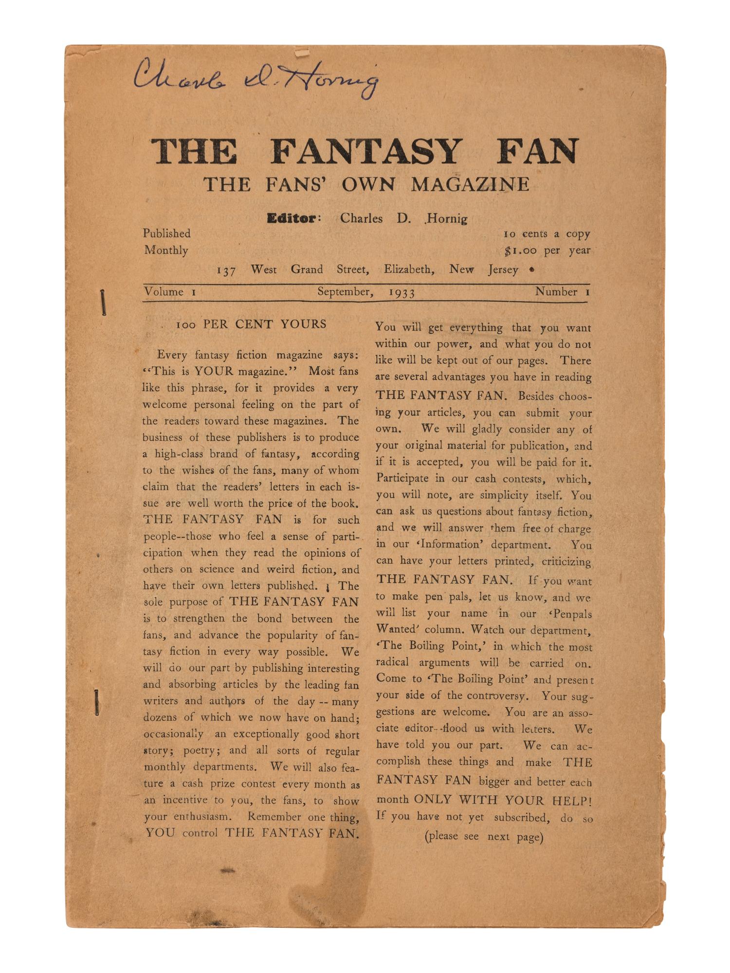HORNIG, Charles D. (1916-1999). The Fantasy Fan . Vol I/II, nos.1-18. Elizabeth, NJ: 1933-1935.