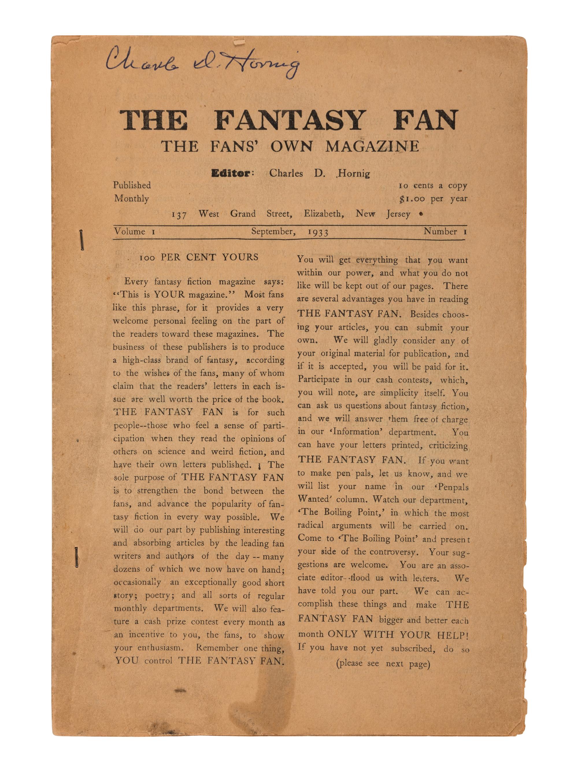 HORNIG, Charles D. (1916-1999). The Fantasy Fan . Vol I/II, nos.1-18. Elizabeth, NJ: 1933-1935.