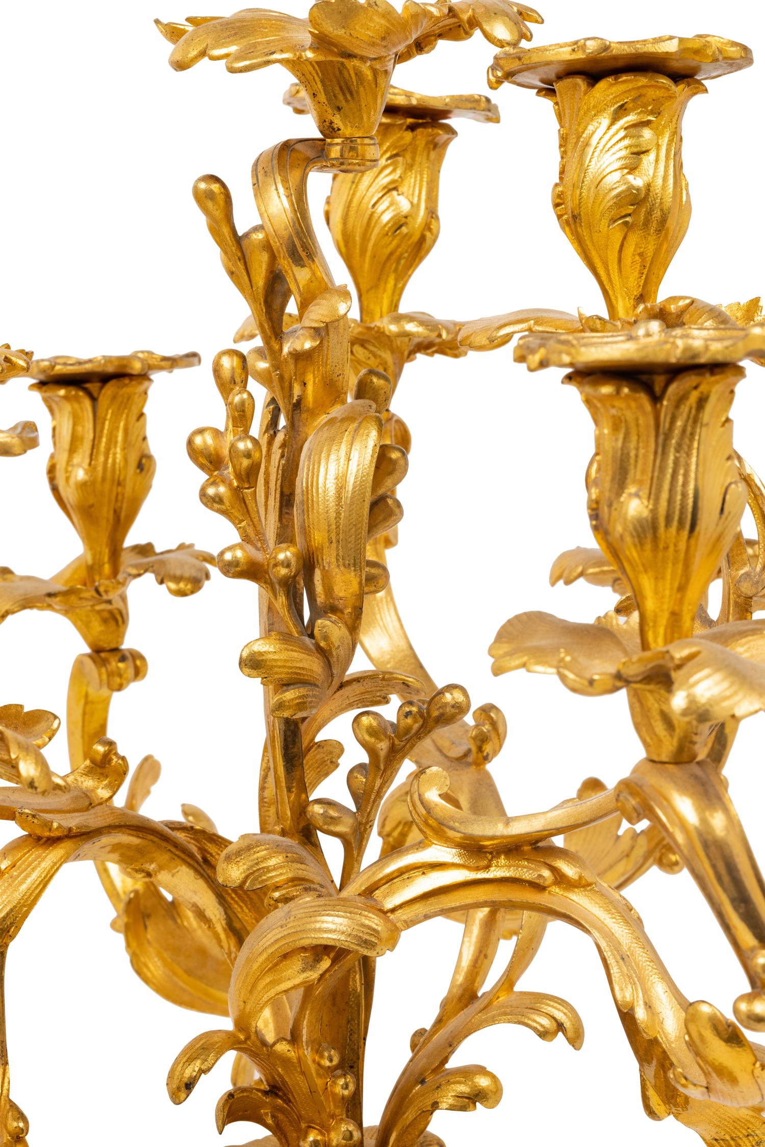 A Pair of Louis XV Style Gilt Bronze Figural Ten-Light Candelabra