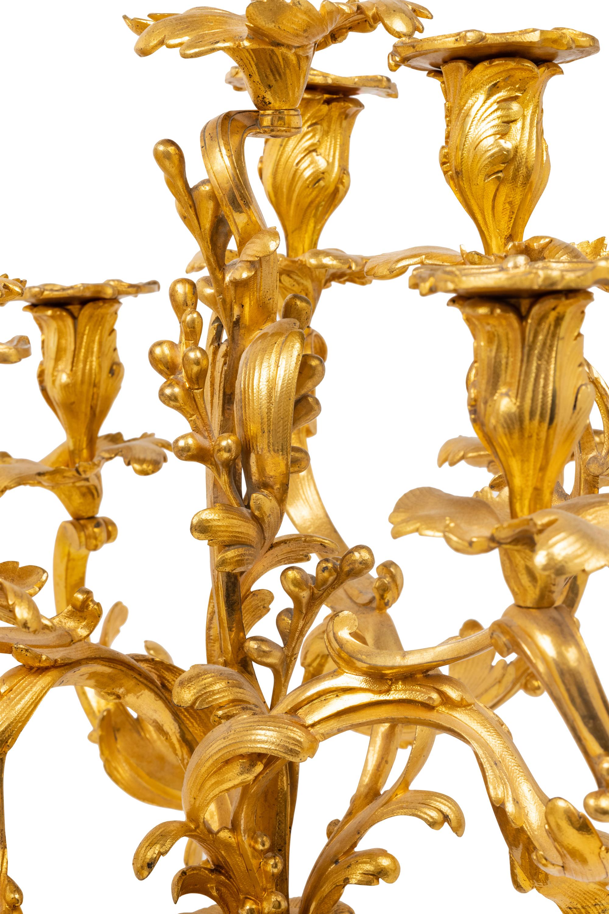 A Pair of Louis XV Style Gilt Bronze Figural Ten-Light Candelabra