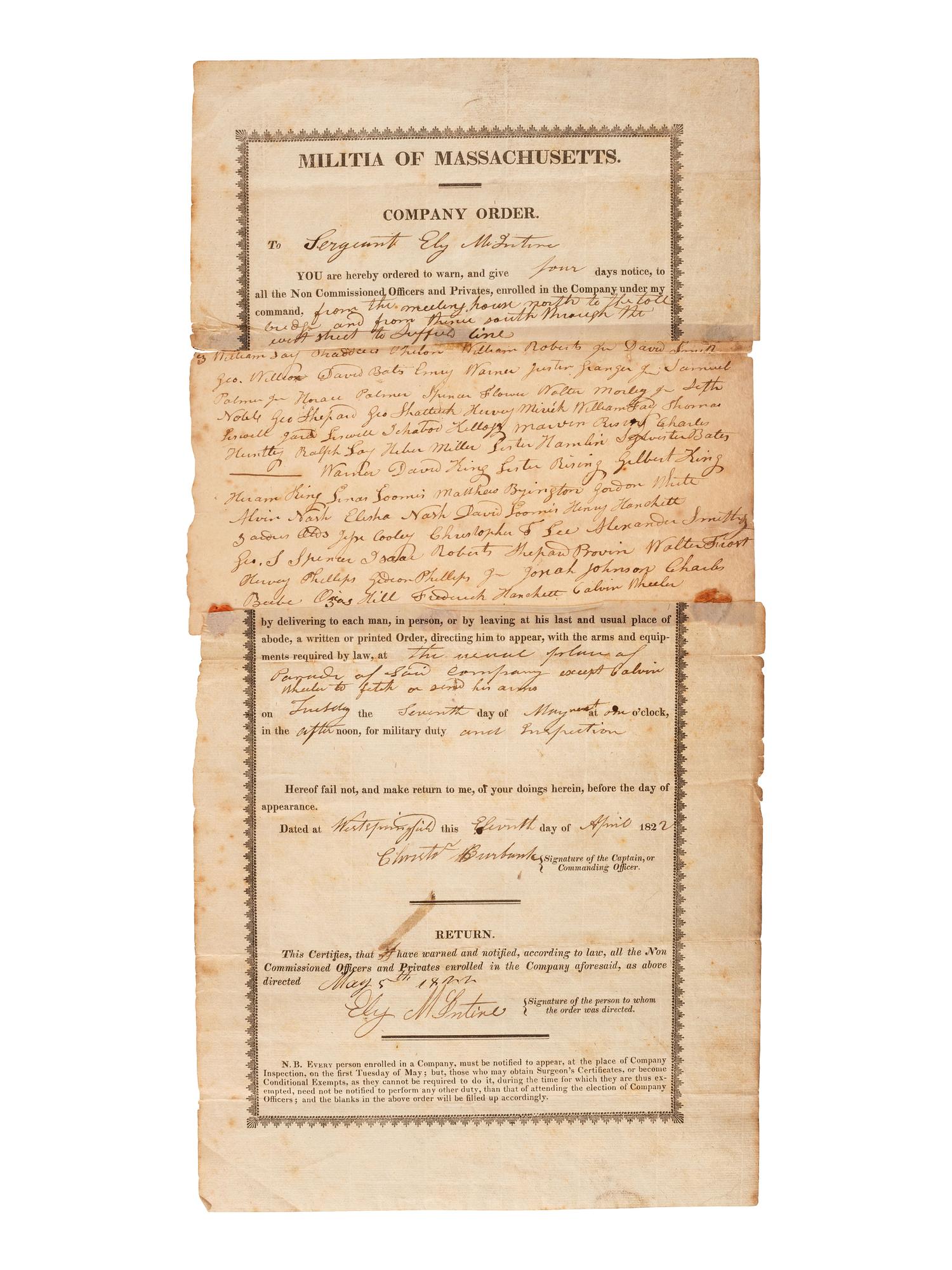 [MILITIA]. A group of documents related to nineteenth-century state militias, including broadsides and a War of 1812 appointment signed by Connecticut Governor John Cotton Smith.