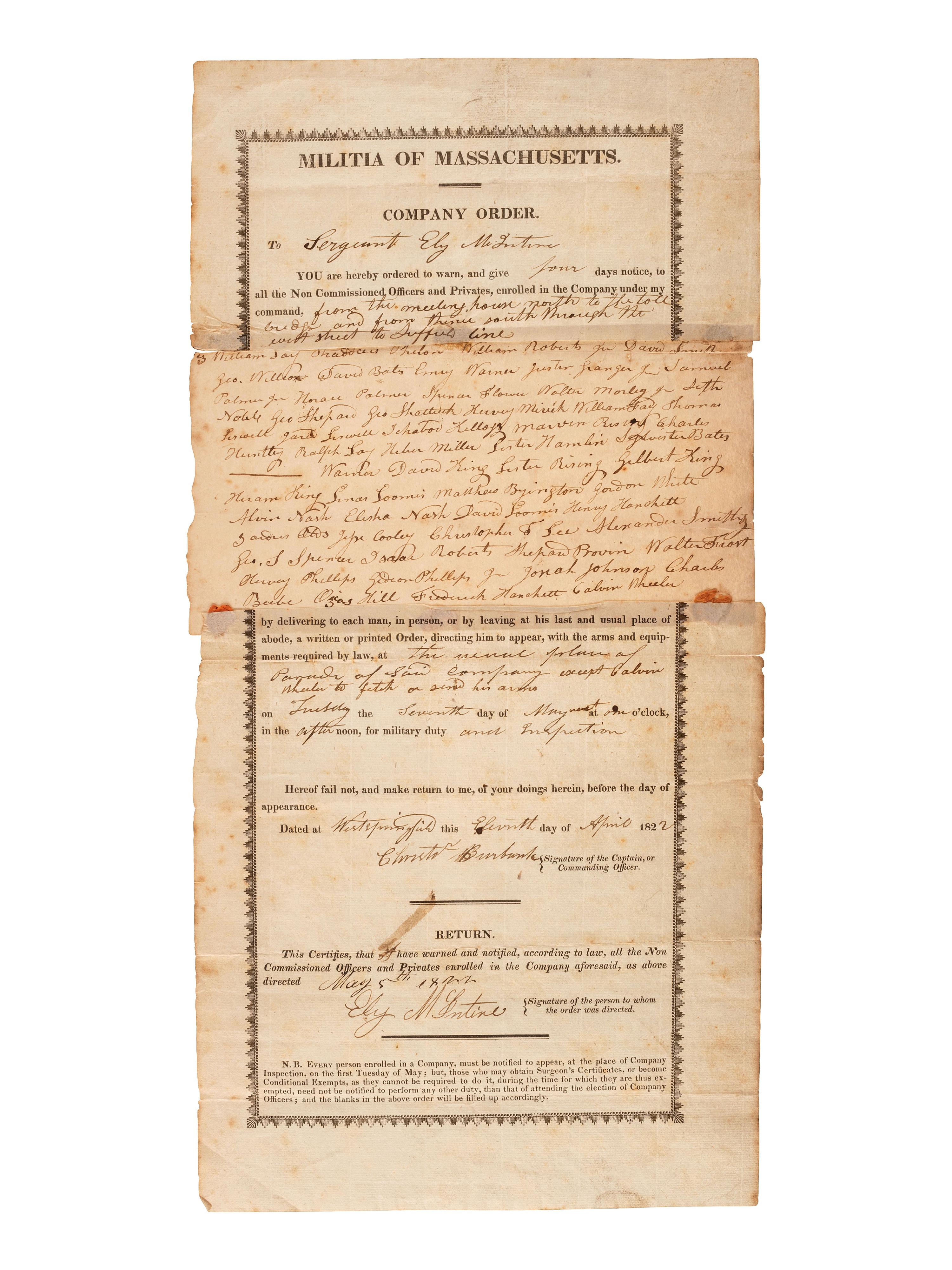 [MILITIA]. A group of documents related to nineteenth-century state militias, including broadsides and a War of 1812 appointment signed by Connecticut Governor John Cotton Smith.