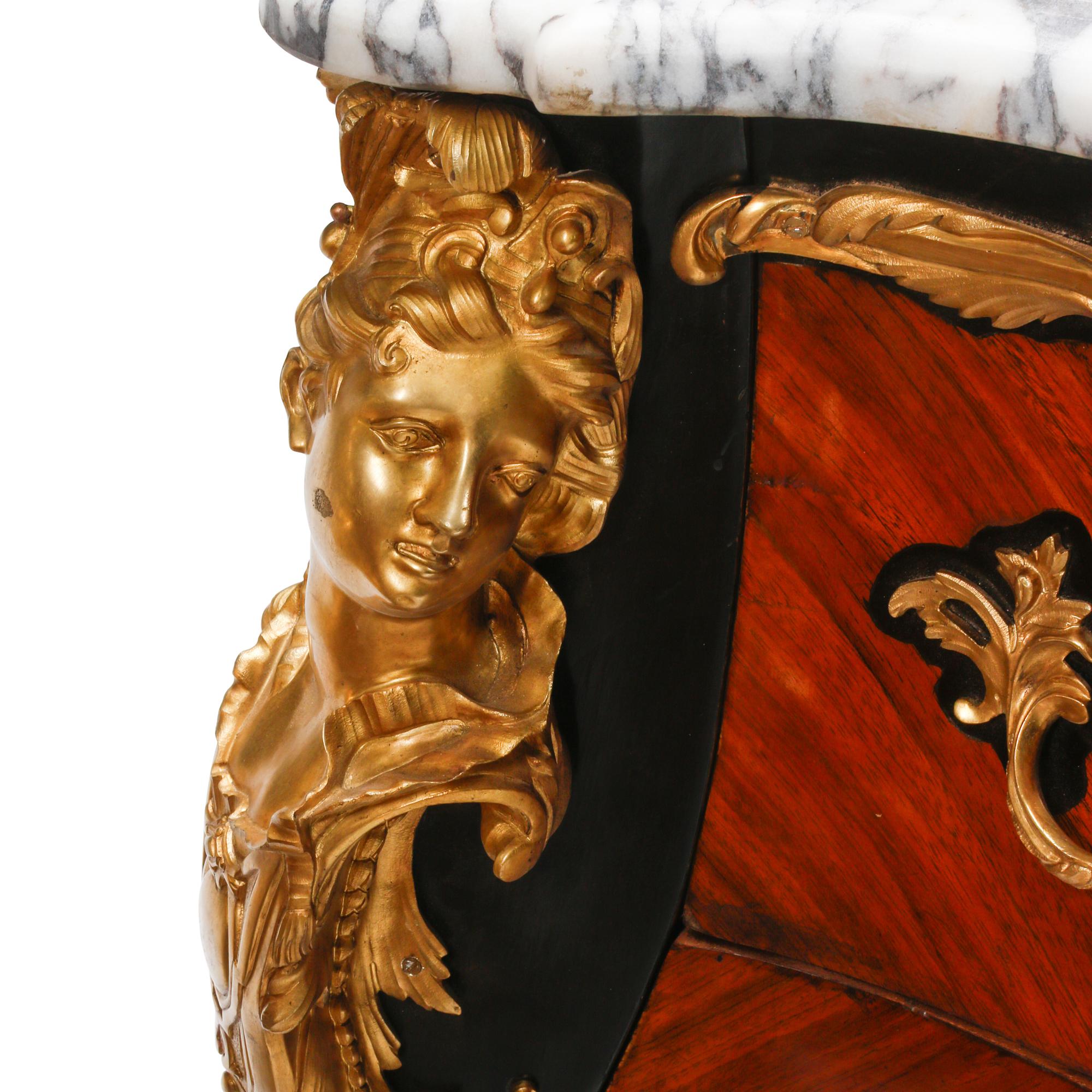 A Pair of Louis XV Style Gilt Bronze Mounted Marble-Top Commodes