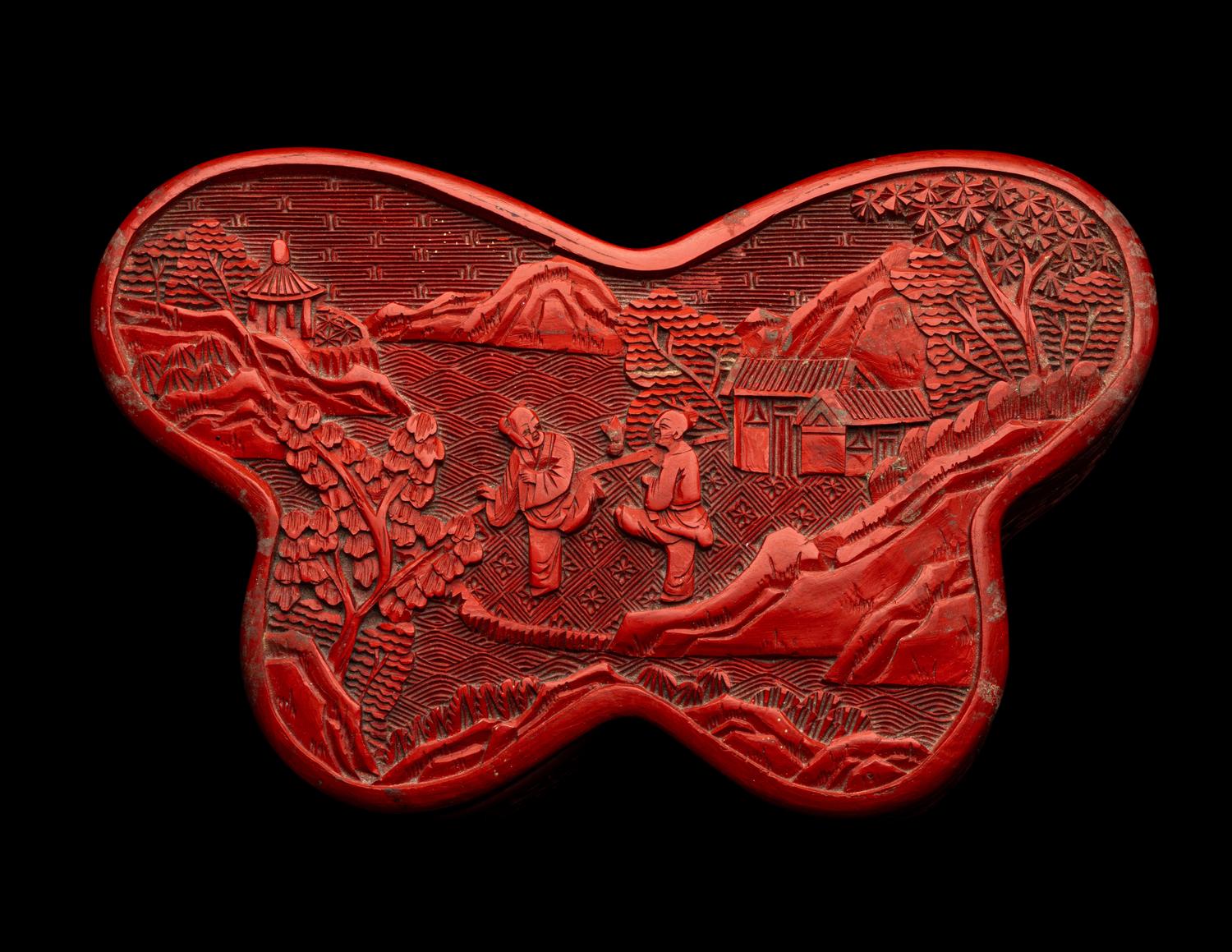 A Chinese Cinnabar Lacquer Butterfly-Form Covered Box