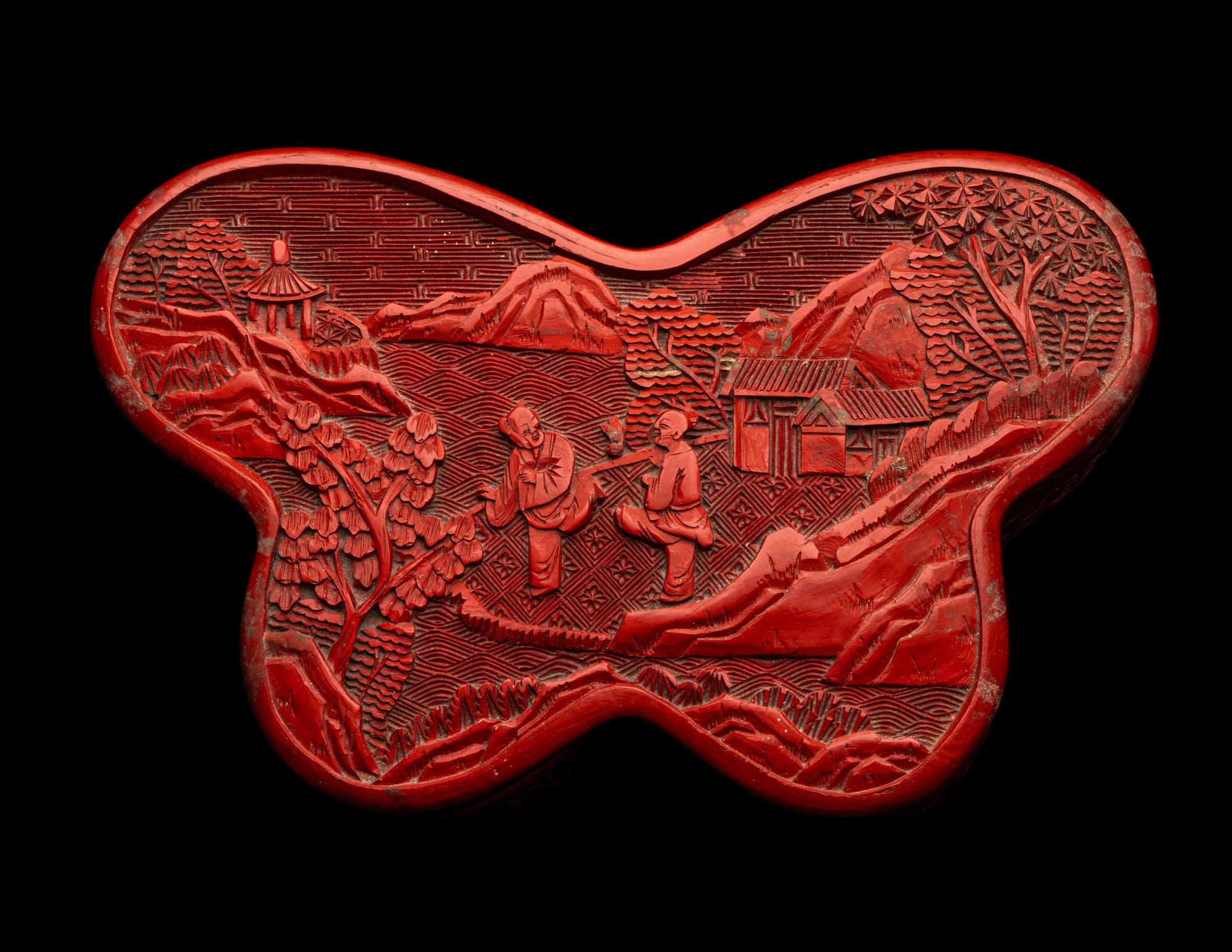 A Chinese Cinnabar Lacquer Butterfly-Form Covered Box