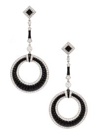 A Pair of 18 Karat White Gold, Diamond and Onyx Earrings, 10.00 dwts.