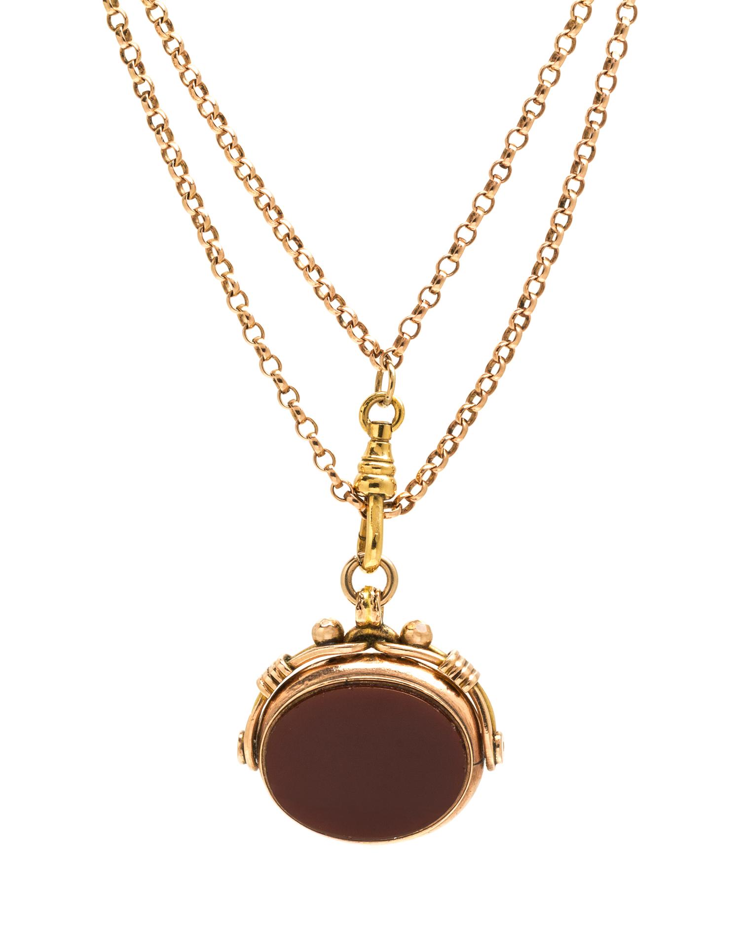 A Vintage 9 Karat Rose Gold, Bloodstone and Carnelian Fob and Long Chain, 17.80 dwts.