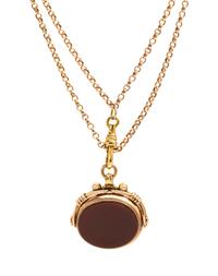 A Vintage 9 Karat Rose Gold, Bloodstone and Carnelian Fob and Long Chain, 17.80 dwts.