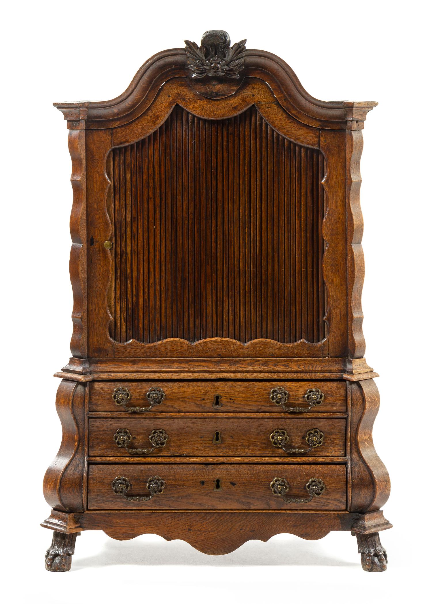 A Diminutive Dutch Oak and Mahogany Cabinet Height 40 x width 26 x depth 13 inches. — 19TH CENTURY