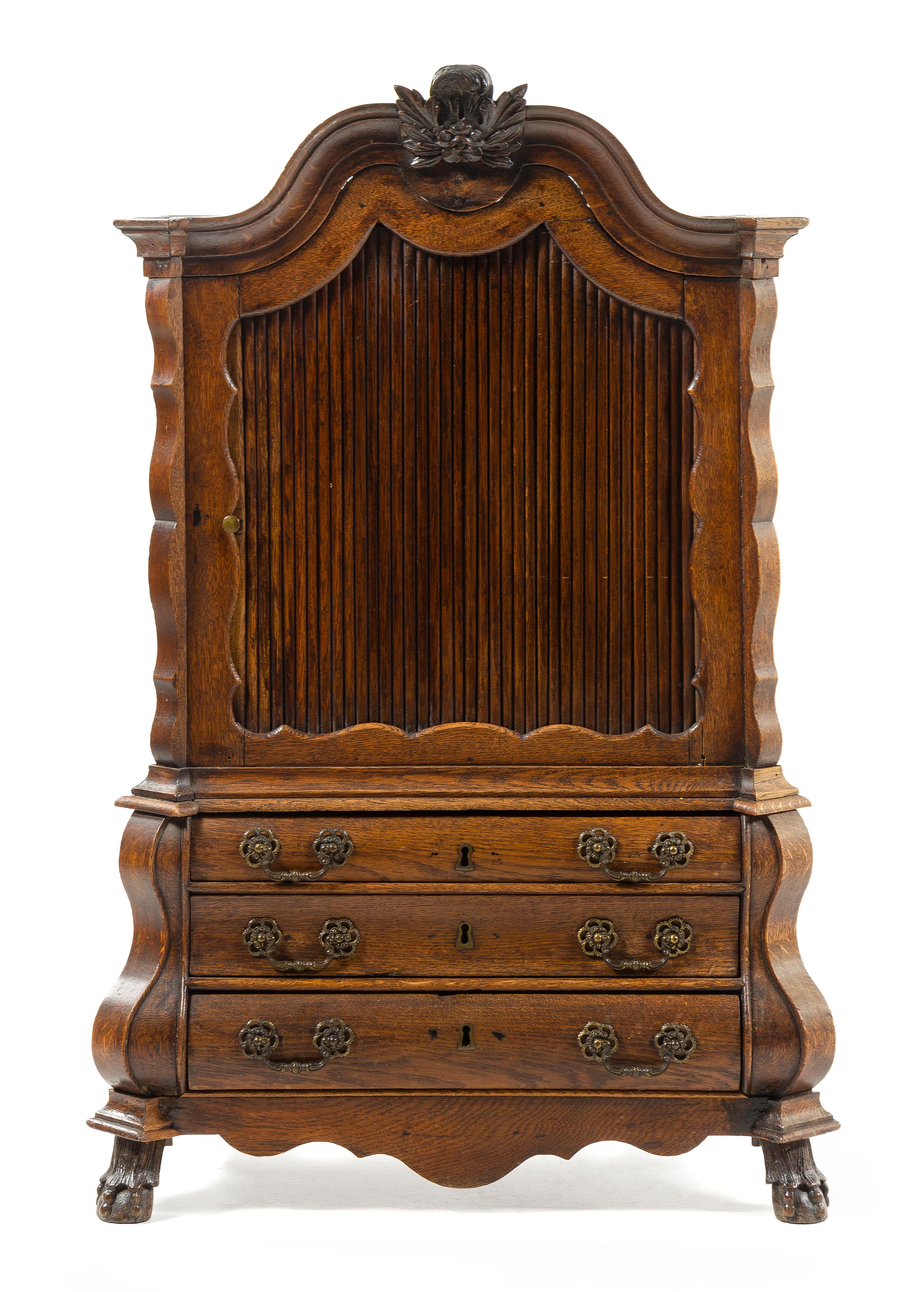 A Diminutive Dutch Oak and Mahogany Cabinet Height 40 x width 26 x depth 13 inches. — 19TH CENTURY